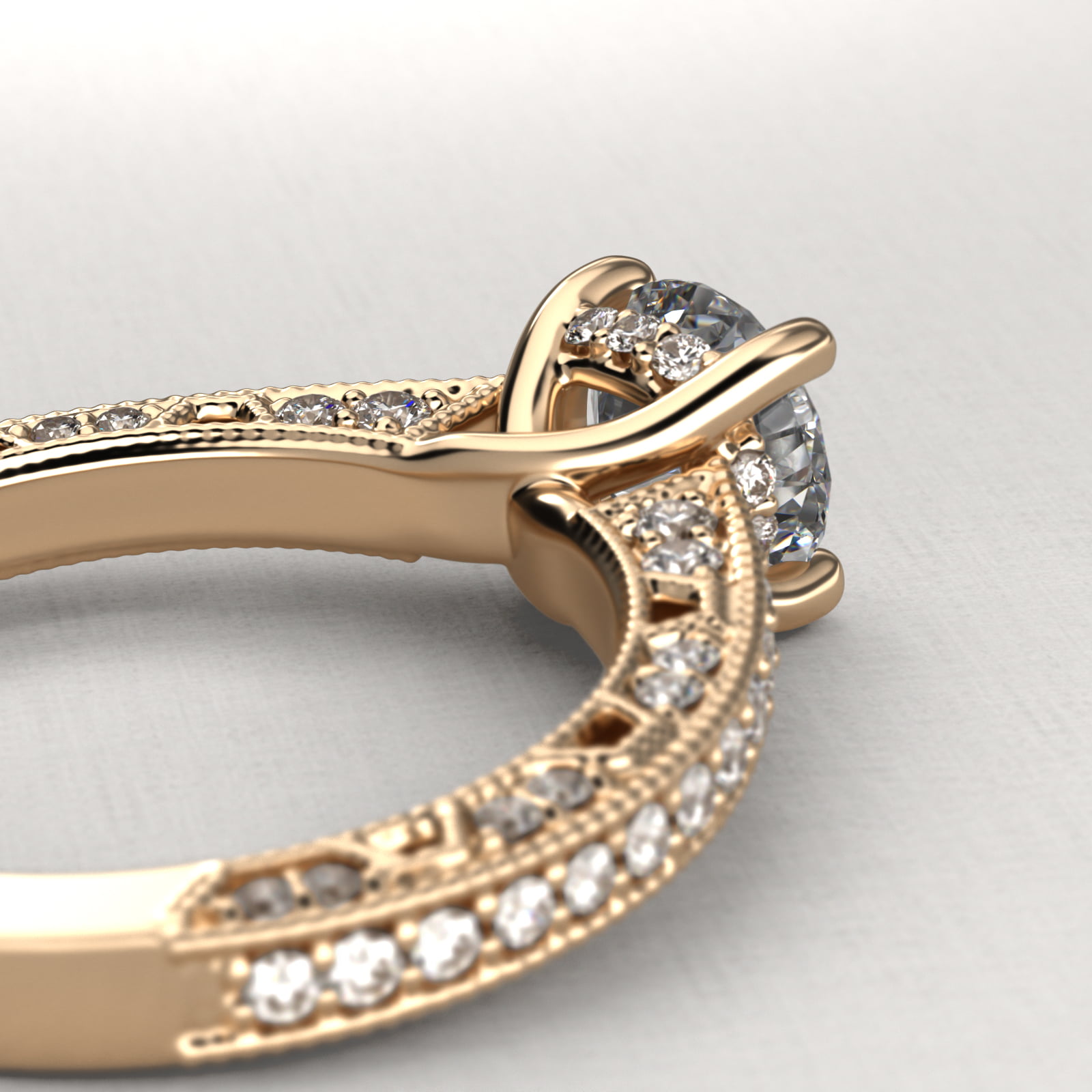 Milgrain Lace Pavé Vintage-Style Engagement Ring In 18K Yellow Gold