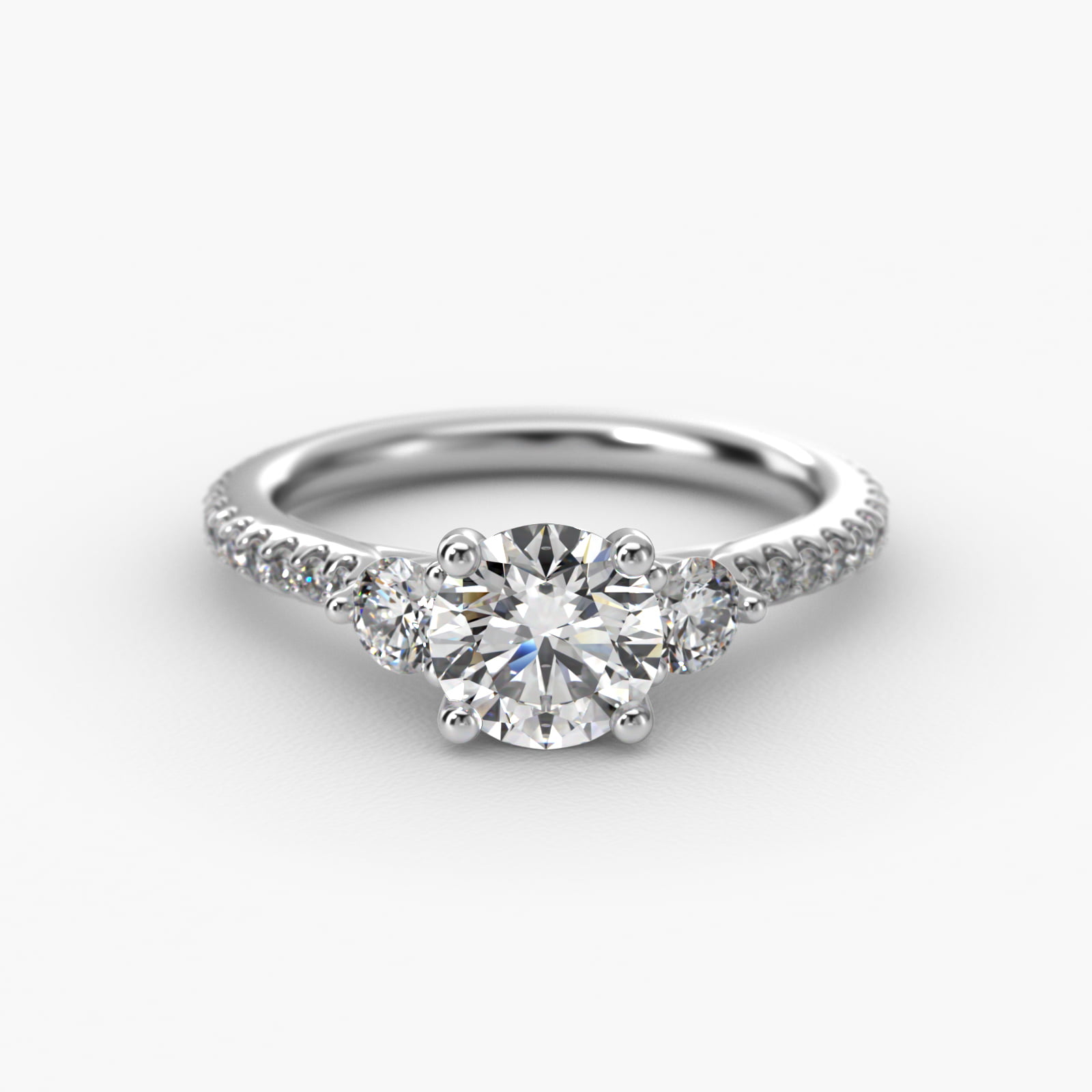 Round Diamond Three Stone Engagement Ring With Cross Prong And Pavé Set Diamonds In 18K White Gold