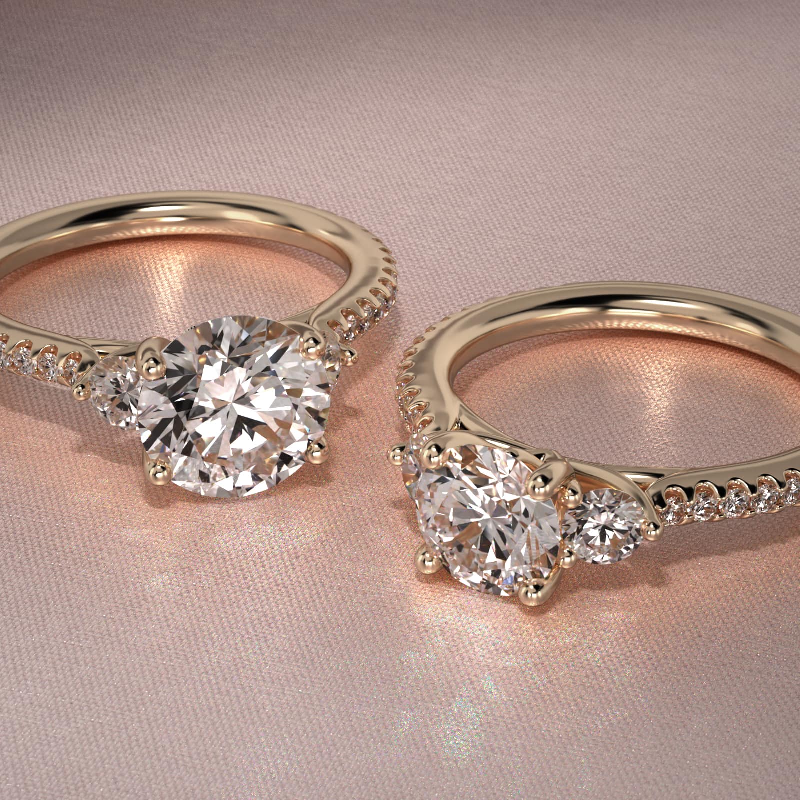 Round Diamond Three Stone Engagement Ring With Cross Prong And Pavé Set Diamonds In 18K Yellow Gold