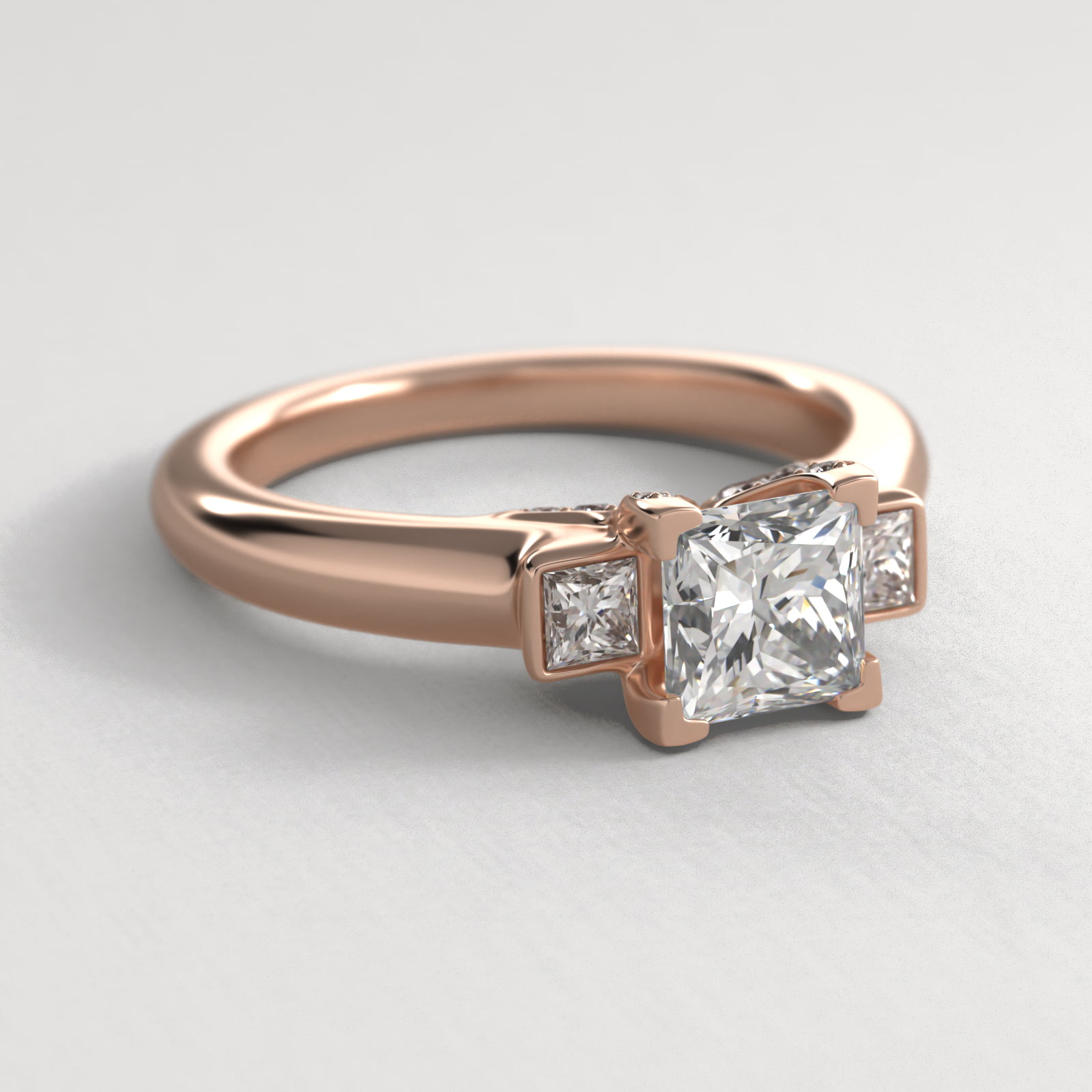 Princess Cut Diamond Three Stone Engagement Ring In 14K Rose Gold