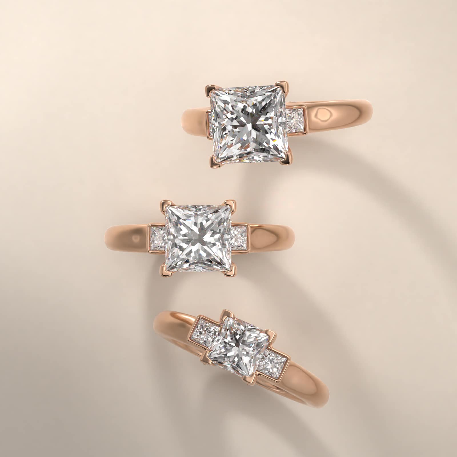 Princess Cut Diamond Three Stone Engagement Ring In 14K Rose Gold