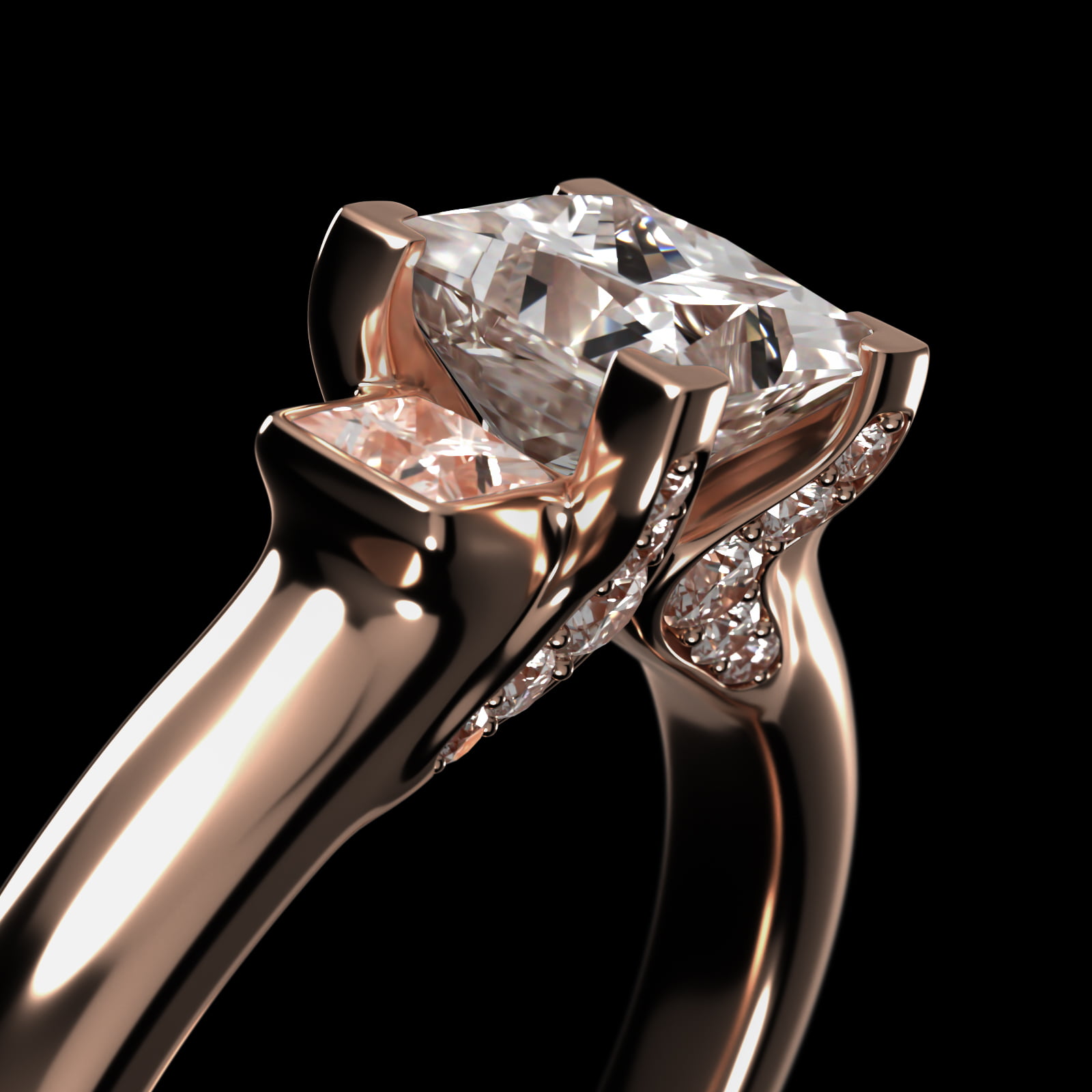 Princess Cut Diamond Three Stone Engagement Ring In 14K Rose Gold