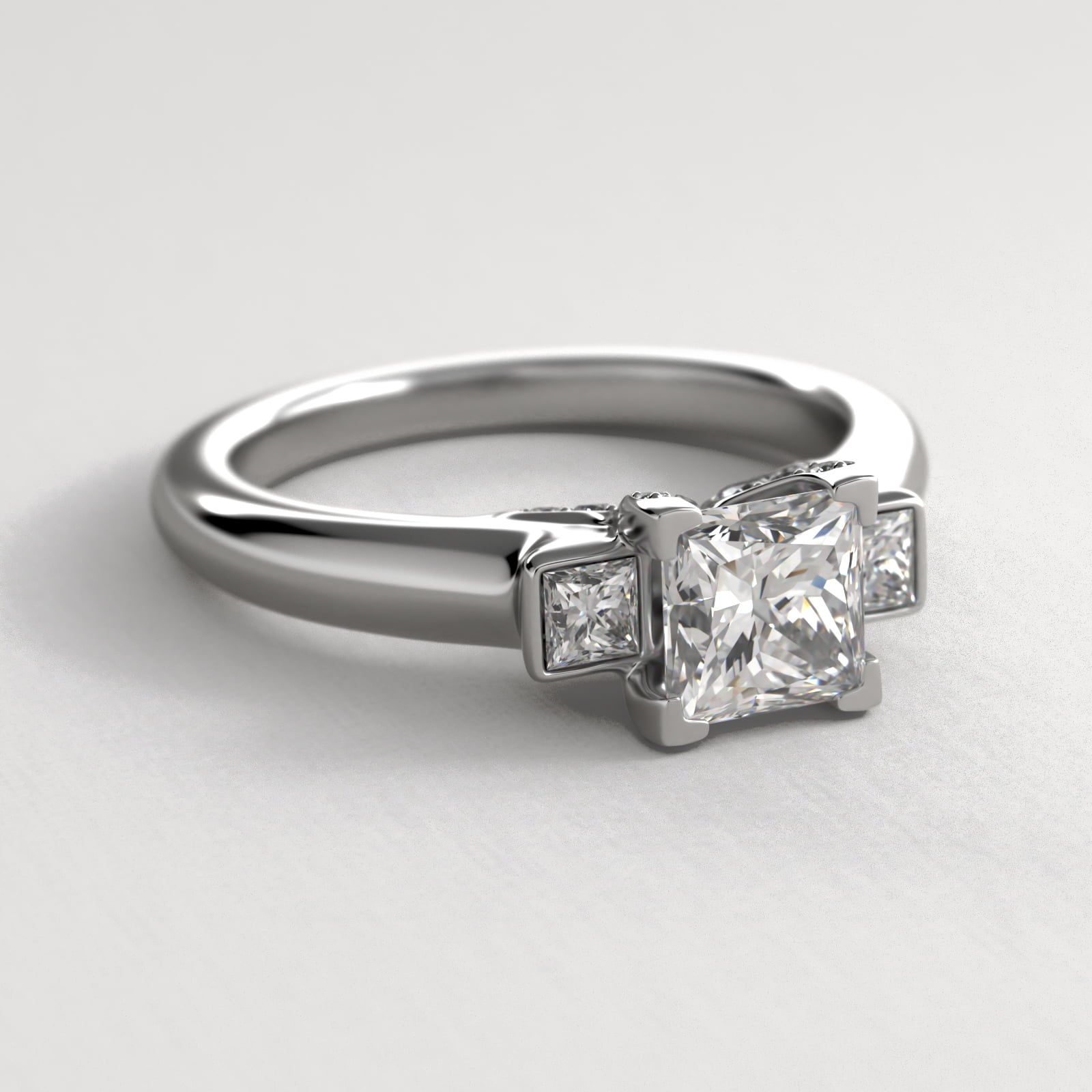 Princess Cut Diamond Three Stone Engagement Ring In 14K White Gold