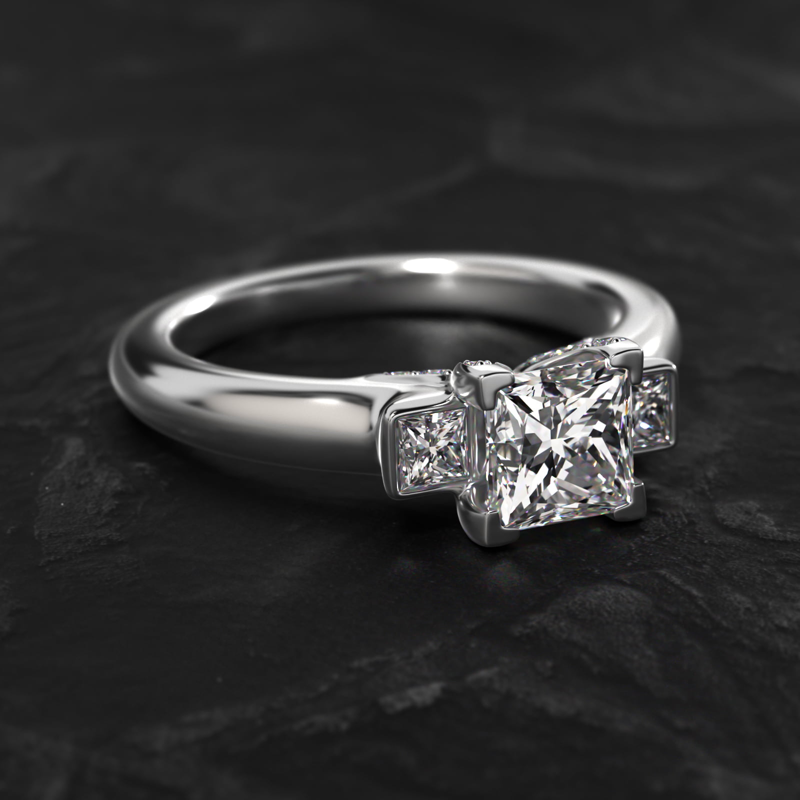 Princess Cut Diamond Three Stone Engagement Ring In 18K White Gold