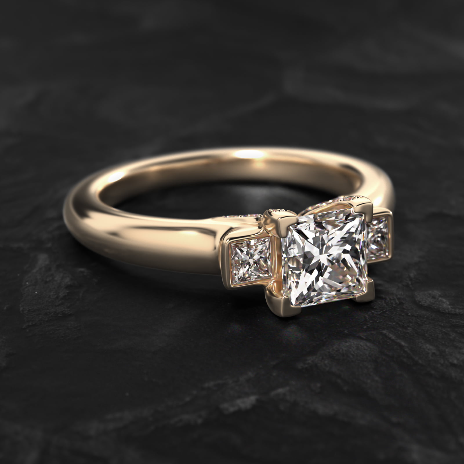 Princess Cut Diamond Three Stone Engagement Ring In 14K Yellow Gold