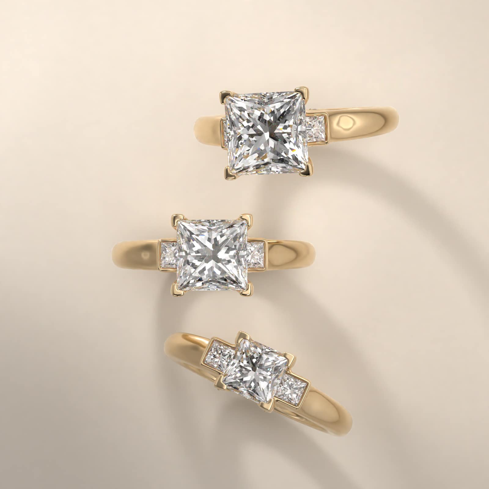 Princess Cut Diamond Three Stone Engagement Ring In 14K Yellow Gold