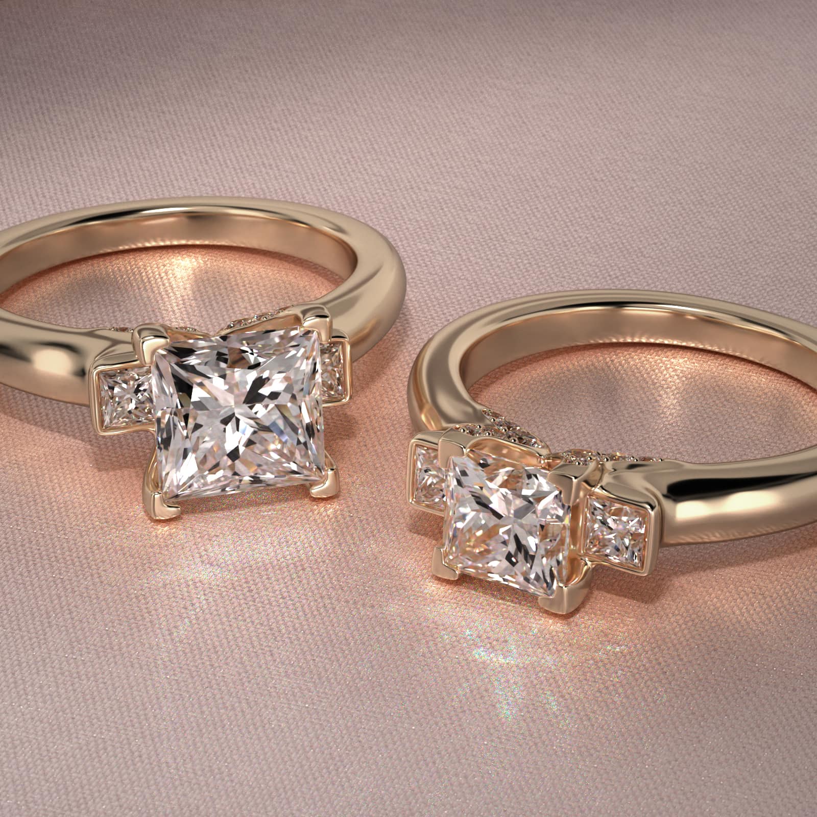 Princess Cut Diamond Three Stone Engagement Ring In 18K Yellow Gold