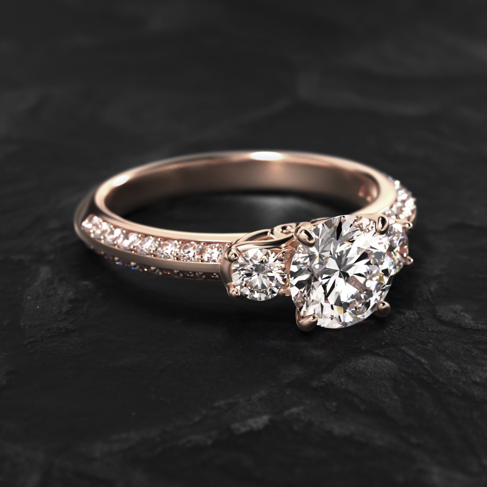 Flowering Diamond Three Stone Engagement Ring In 14K Rose Gold