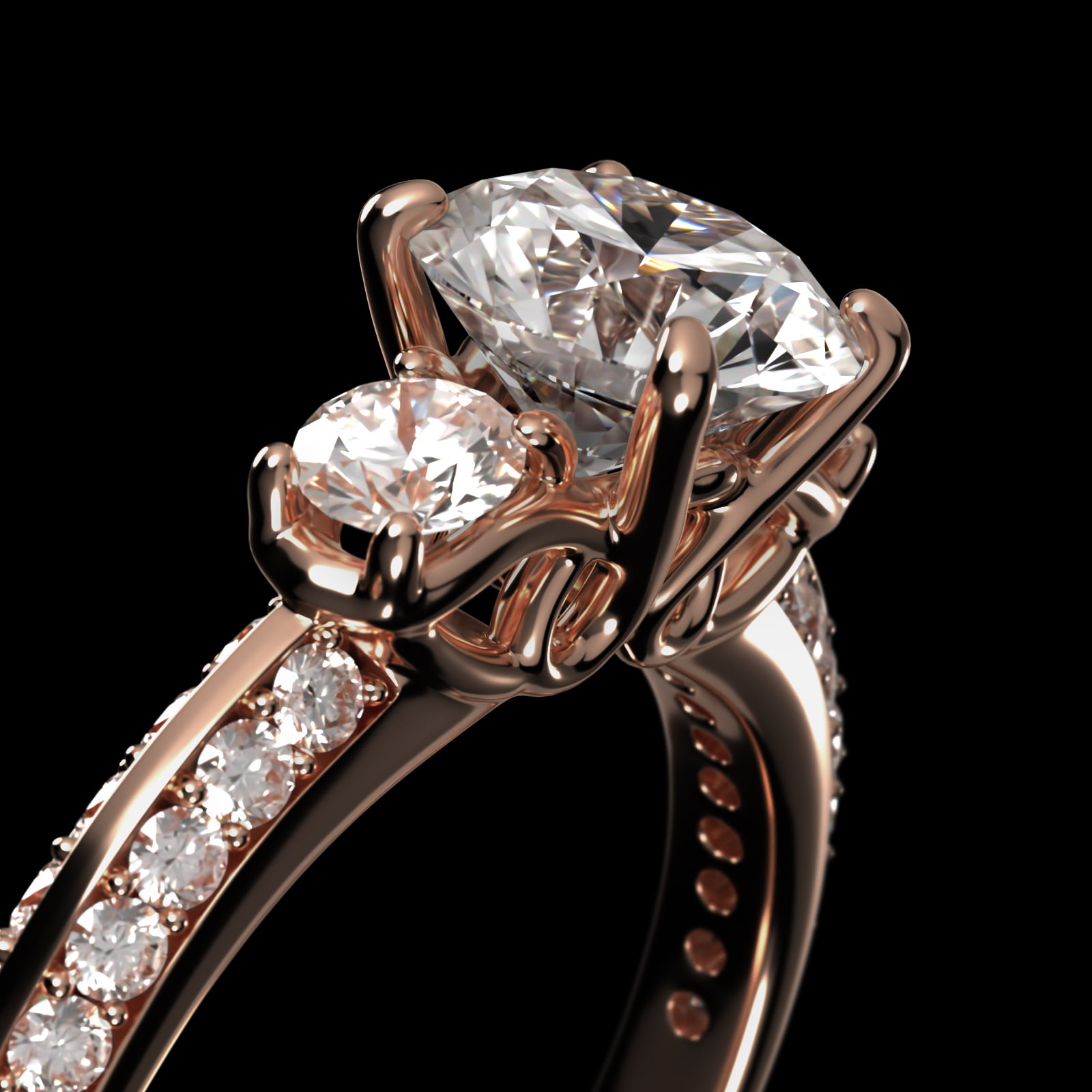 Flowering Diamond Three Stone Engagement Ring In 14K Rose Gold