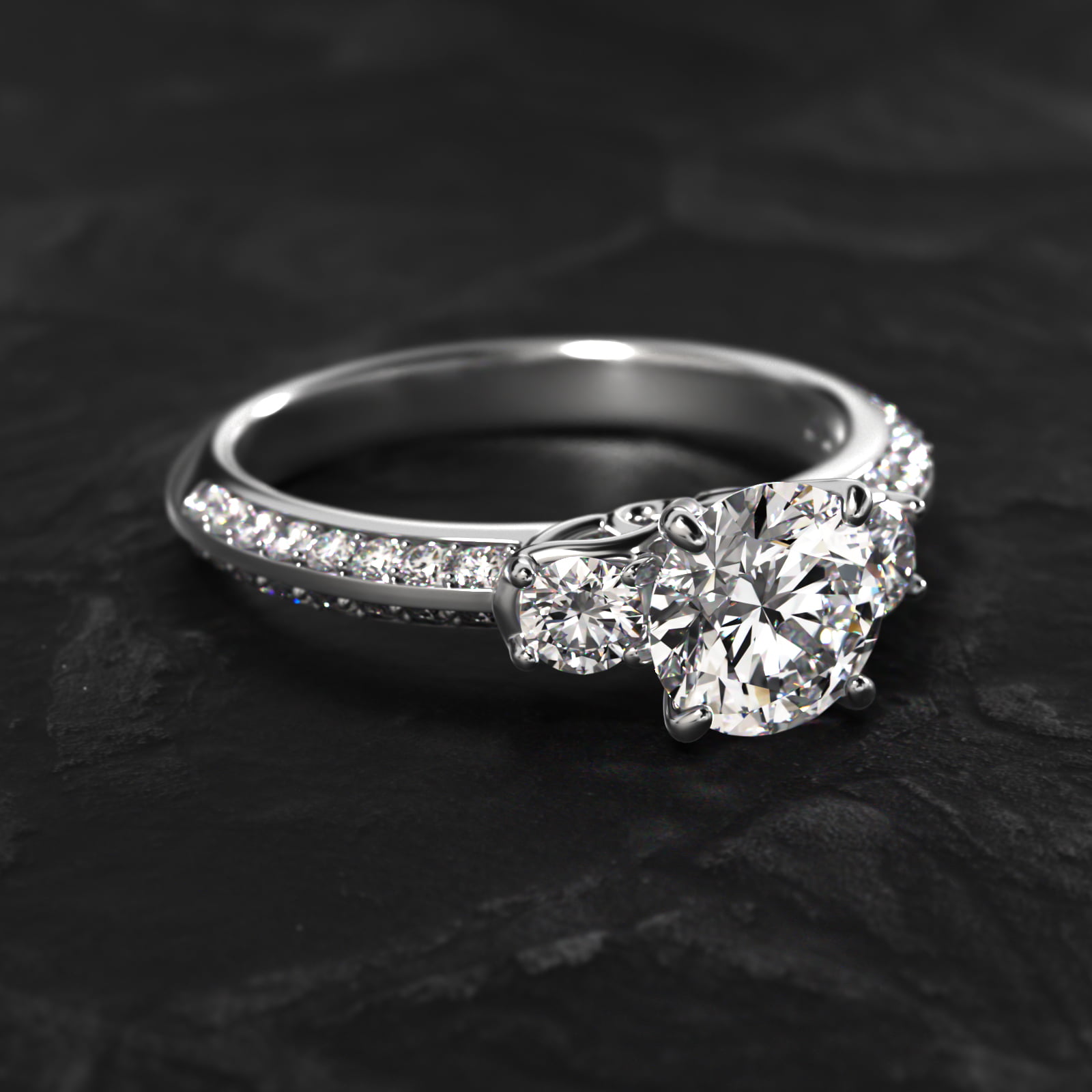 Flowering Diamond Three Stone Engagement Ring In 14K White Gold