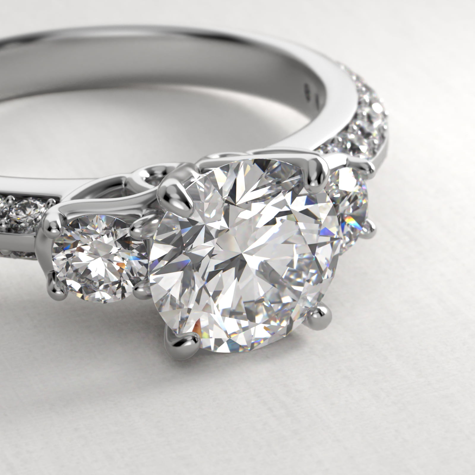 Flowering Diamond Three Stone Engagement Ring In 18K White Gold
