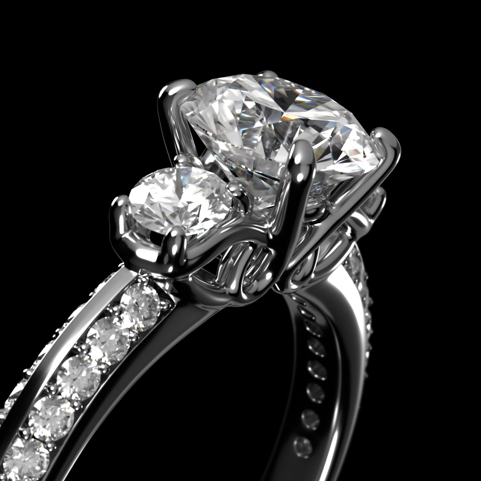 Flowering Diamond Three Stone Engagement Ring In 14K White Gold