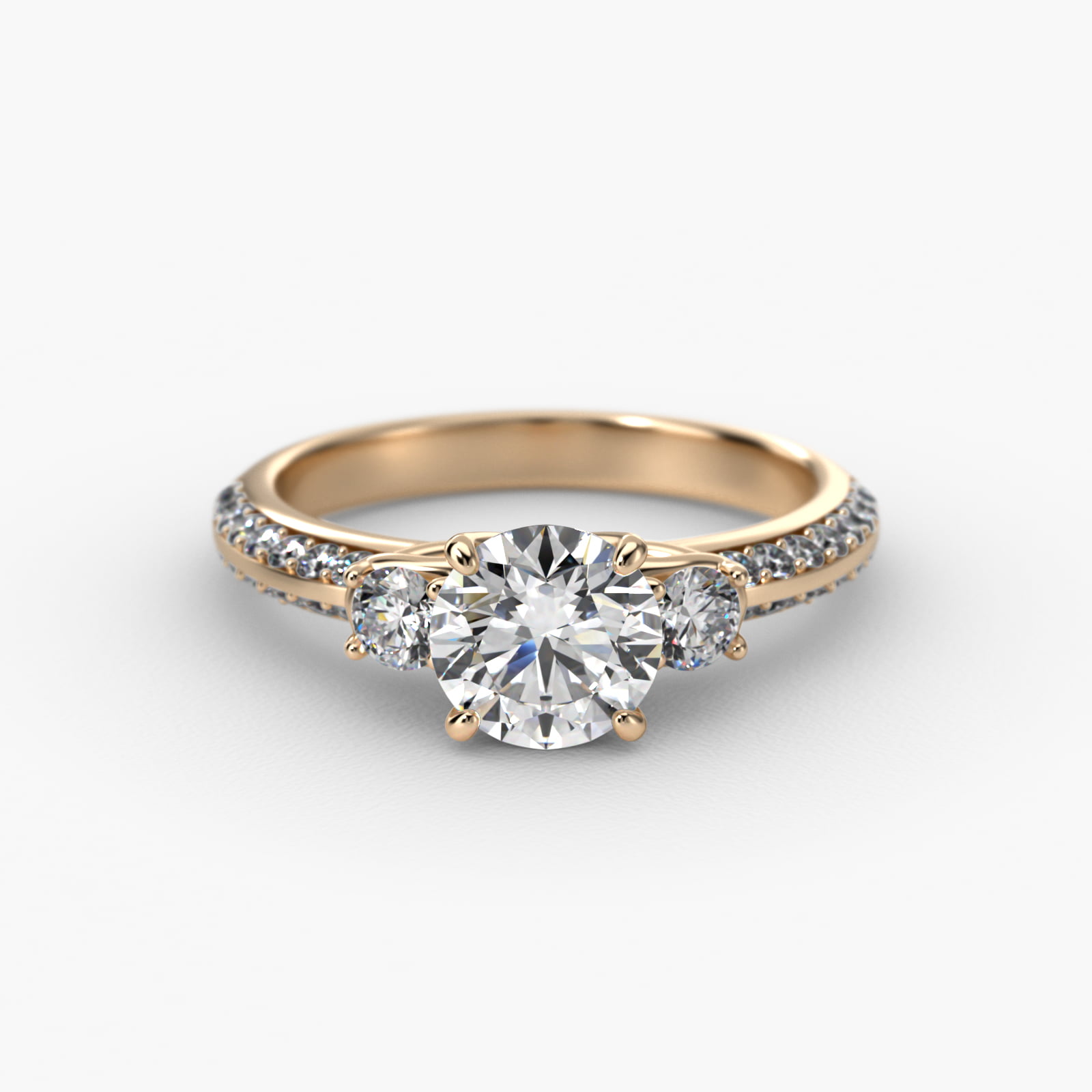 Flowering Diamond Three Stone Engagement Ring In 14K Yellow Gold