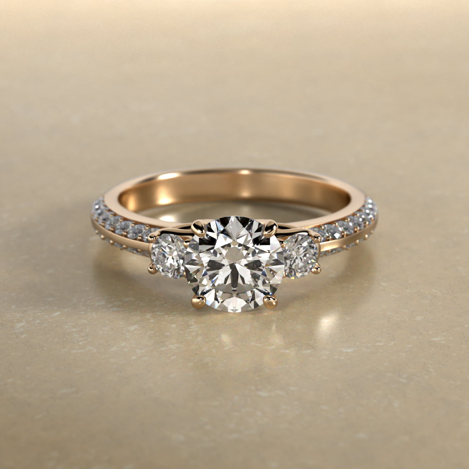 Flowering Diamond Three Stone Engagement Ring In 18K Yellow Gold