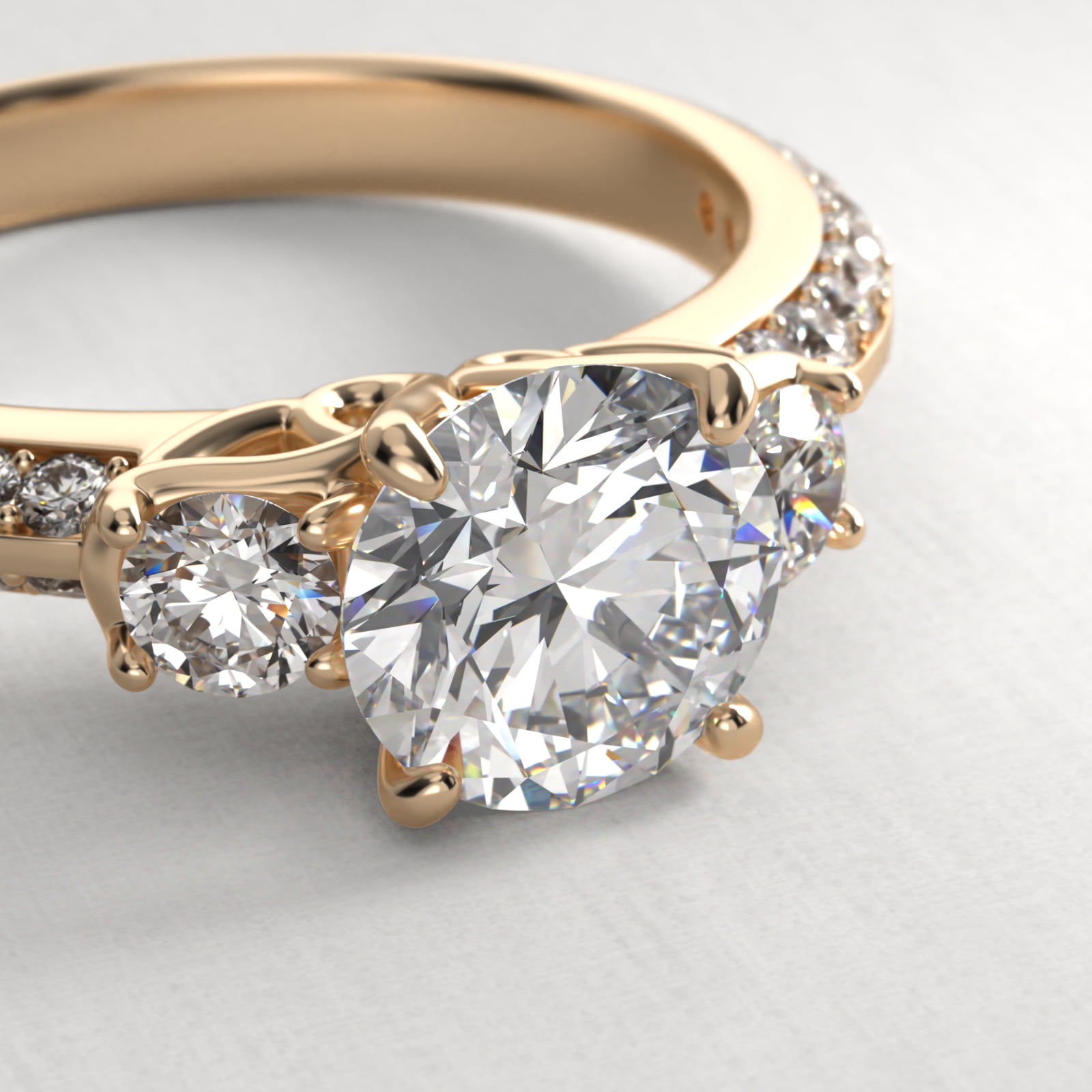 Flowering Diamond Three Stone Engagement Ring In 14K Yellow Gold