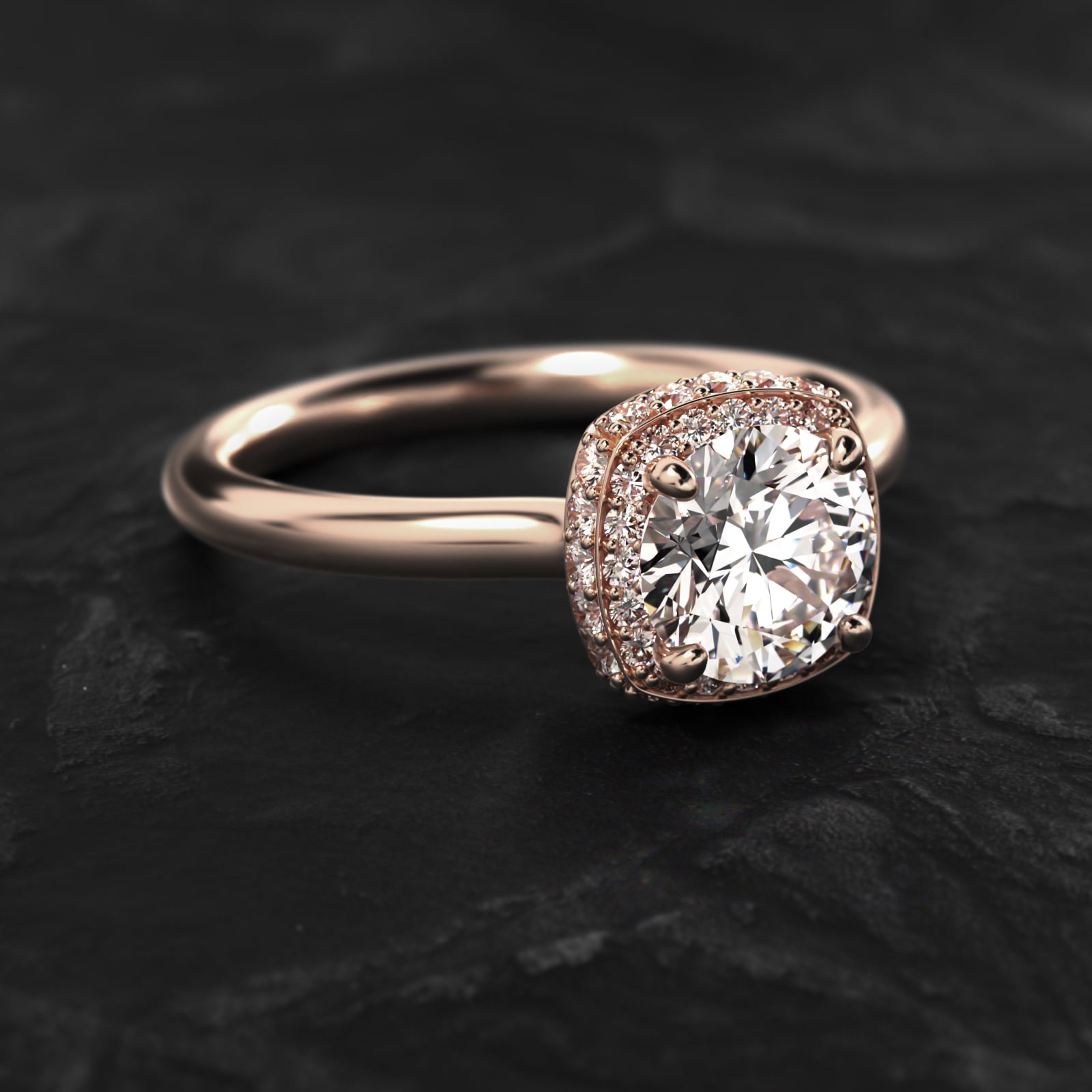 Cushion Outline Roll Over Diamond Halo Engagement Ring In 14K Rose Gold