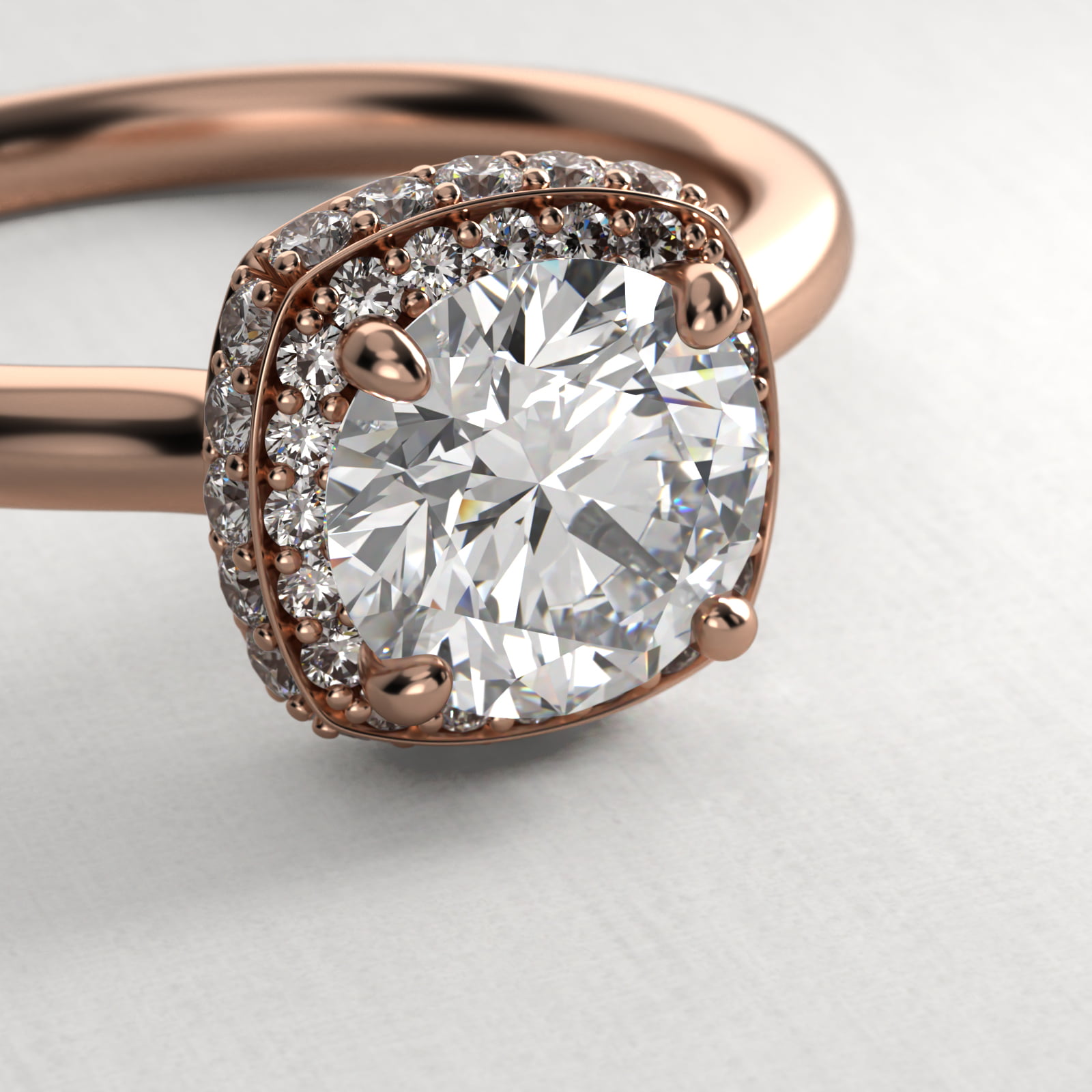 Cushion Outline Roll Over Diamond Halo Engagement Ring In 14K Rose Gold