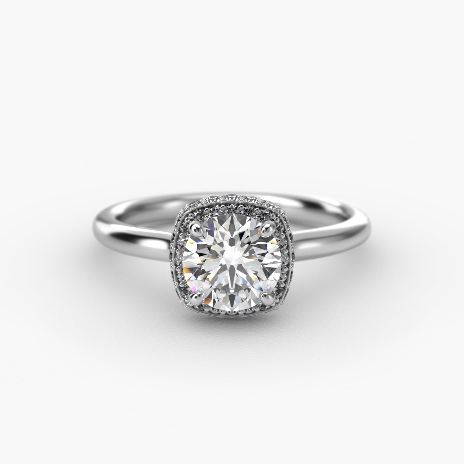 Cushion Outline Roll Over Diamond Halo Engagement Ring In 14K White Gold