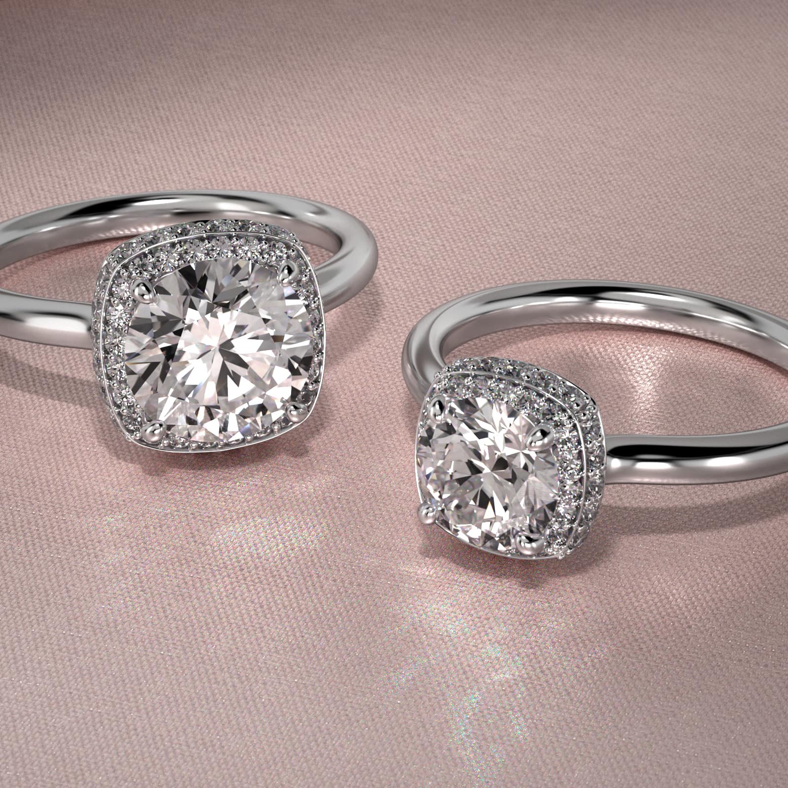 Cushion Outline Roll Over Diamond Halo Engagement Ring In 18K White Gold