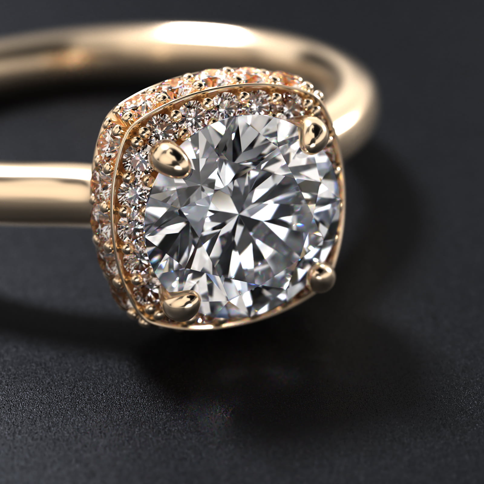 Cushion Outline Roll Over Diamond Halo Engagement Ring In 14K Yellow Gold