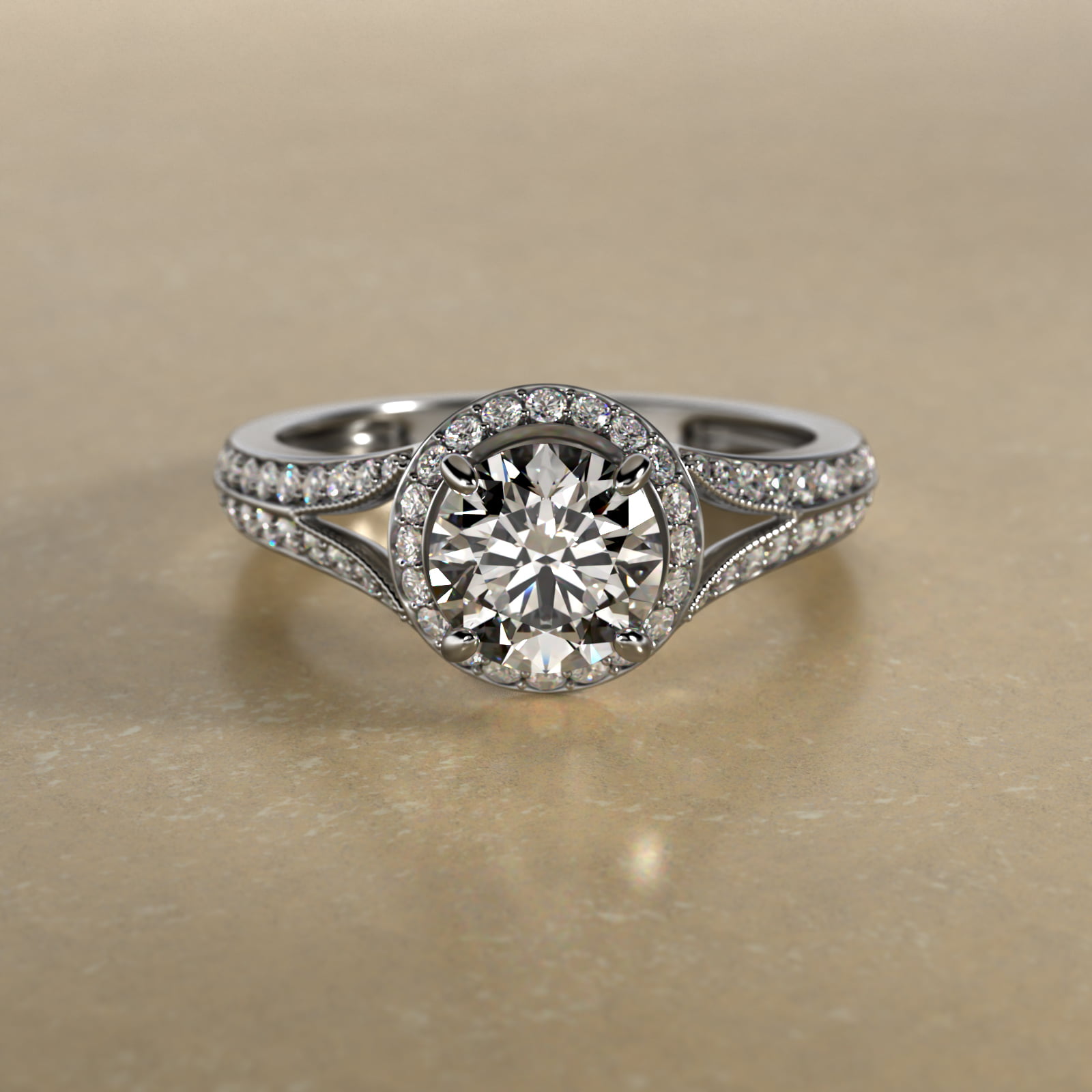 Flowering Tulip Diamond Halo Engagement Ring In 14K White Gold
