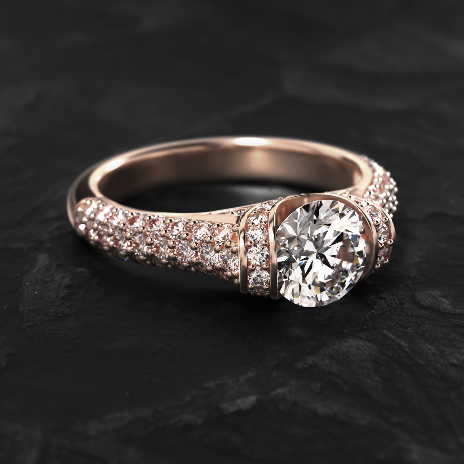 Half Bezel Diamond Pavé Engagement Ring In 14K Rose Gold