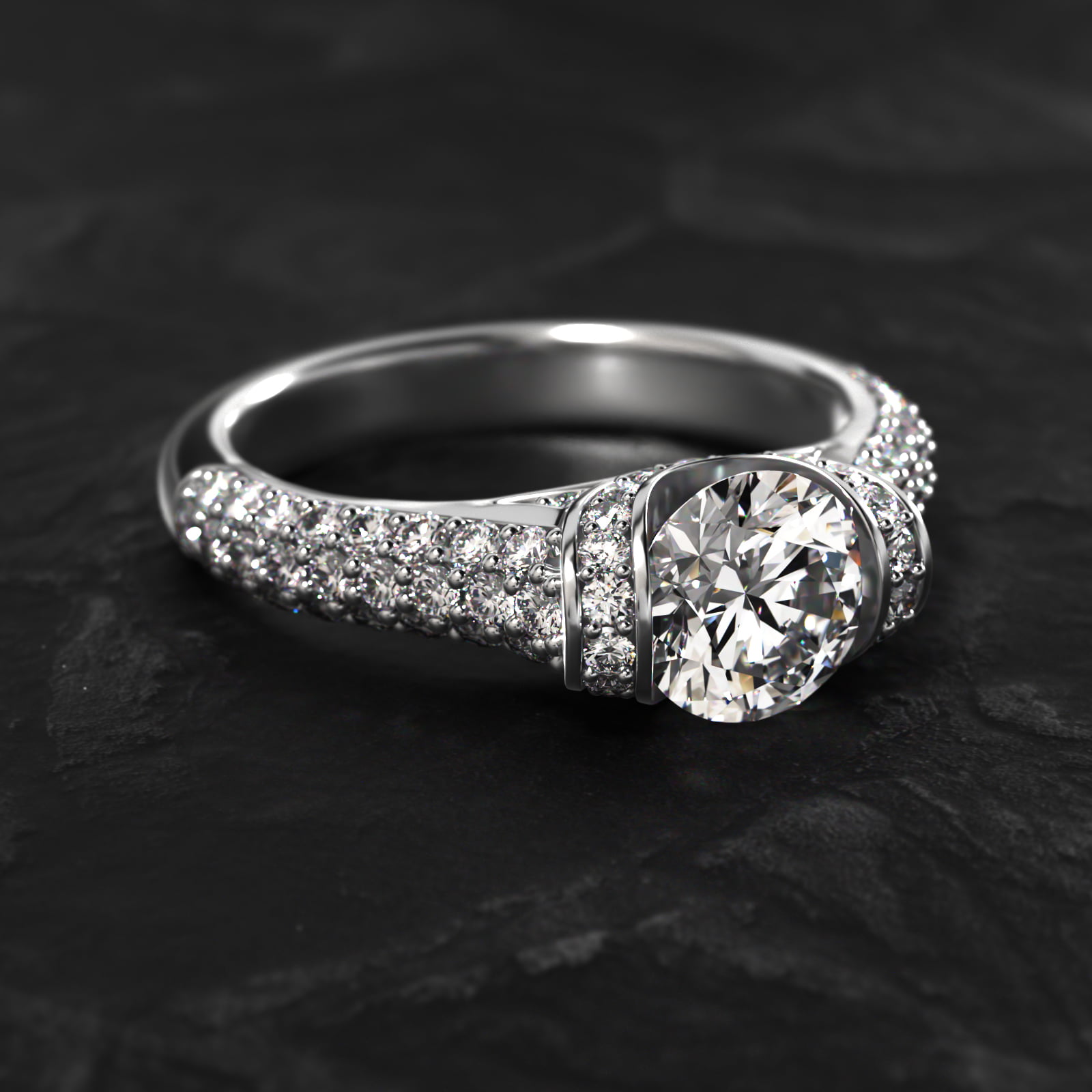 Half Bezel Diamond Pavé Engagement Ring In 14K White Gold