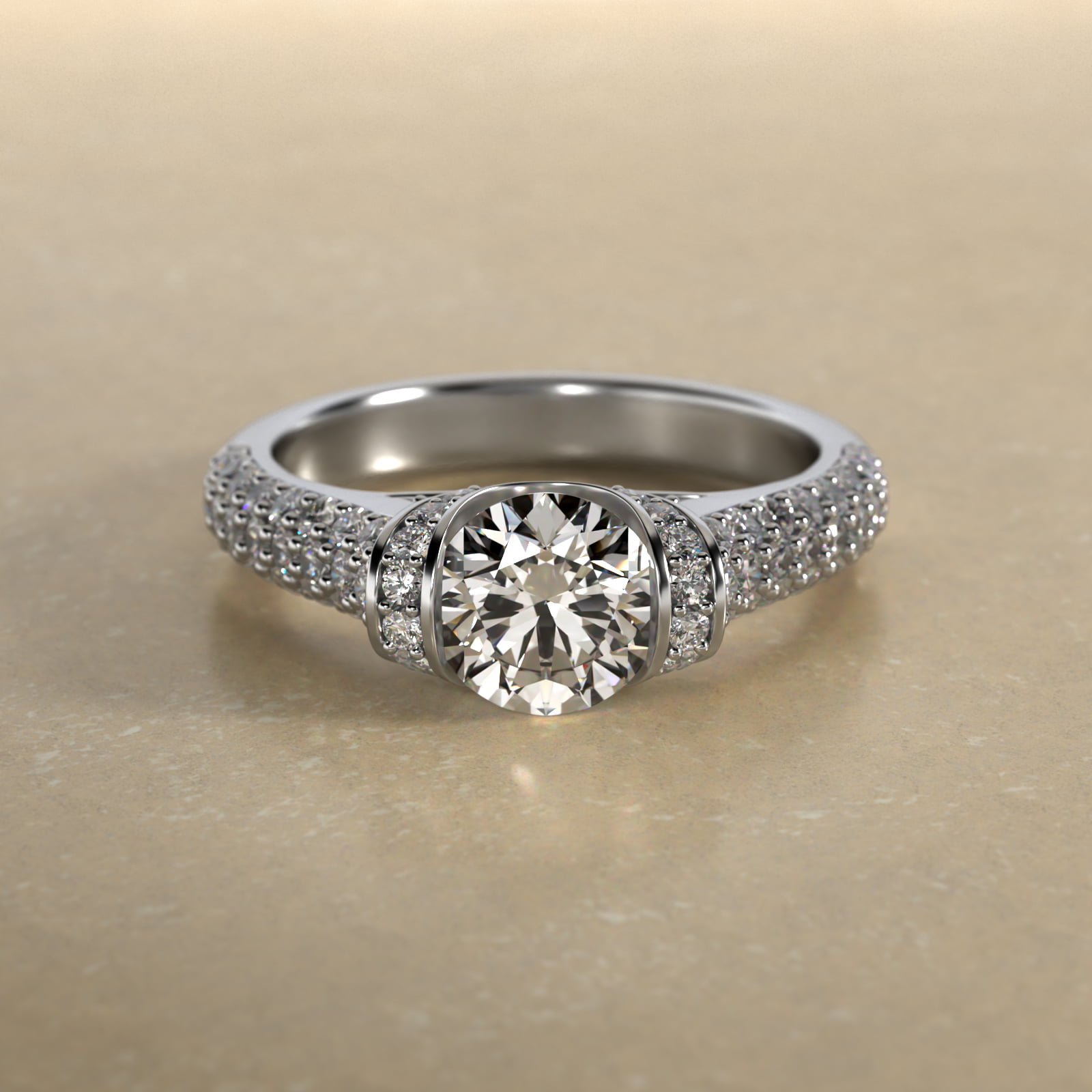 Half Bezel Diamond Pavé Engagement Ring In 18K White Gold