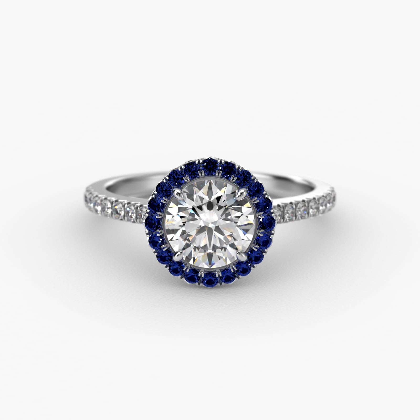 14K White Gold French Cut Pavé Blue Sapphire Engagement Ring