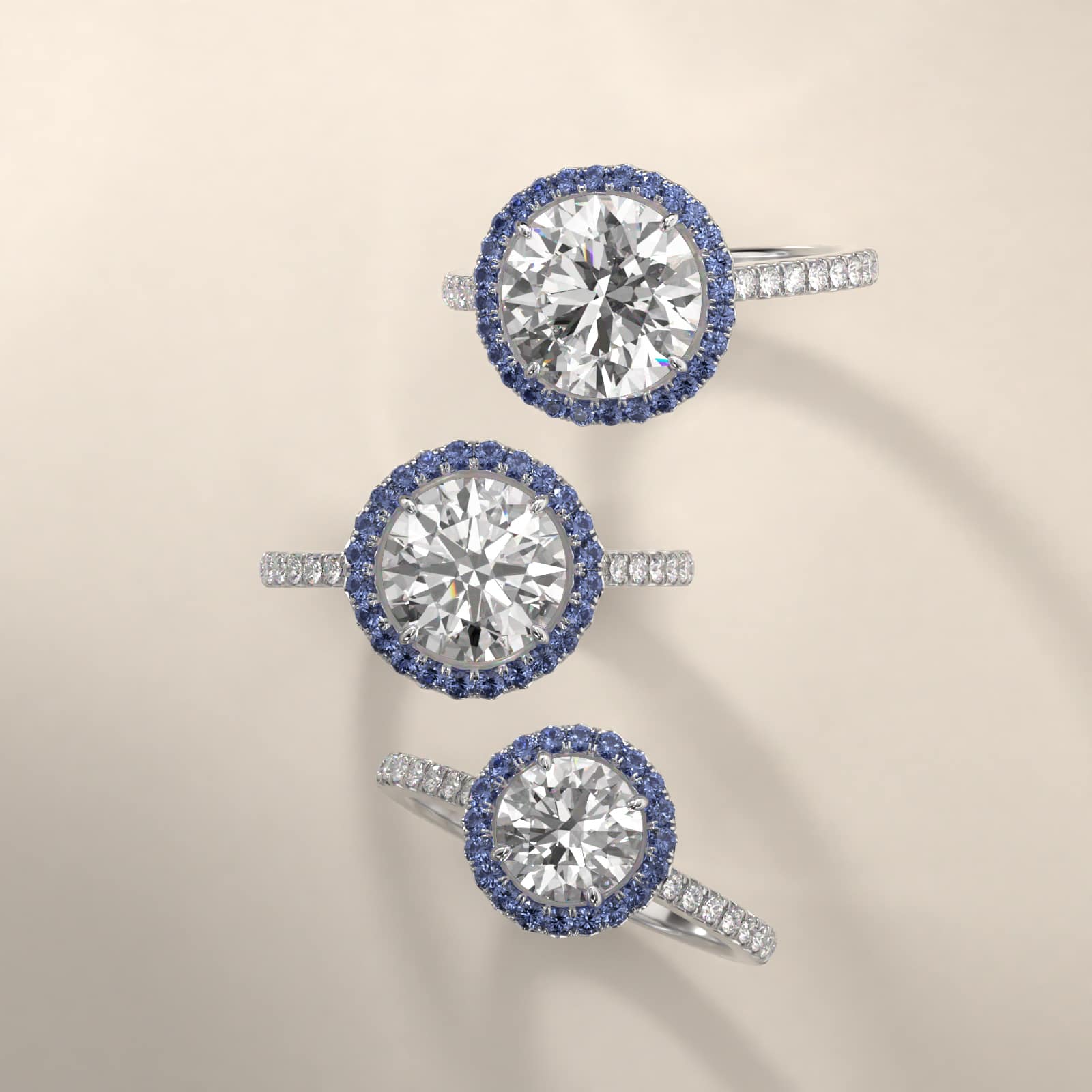 14K White Gold French Cut Pavé Blue Sapphire Engagement Ring