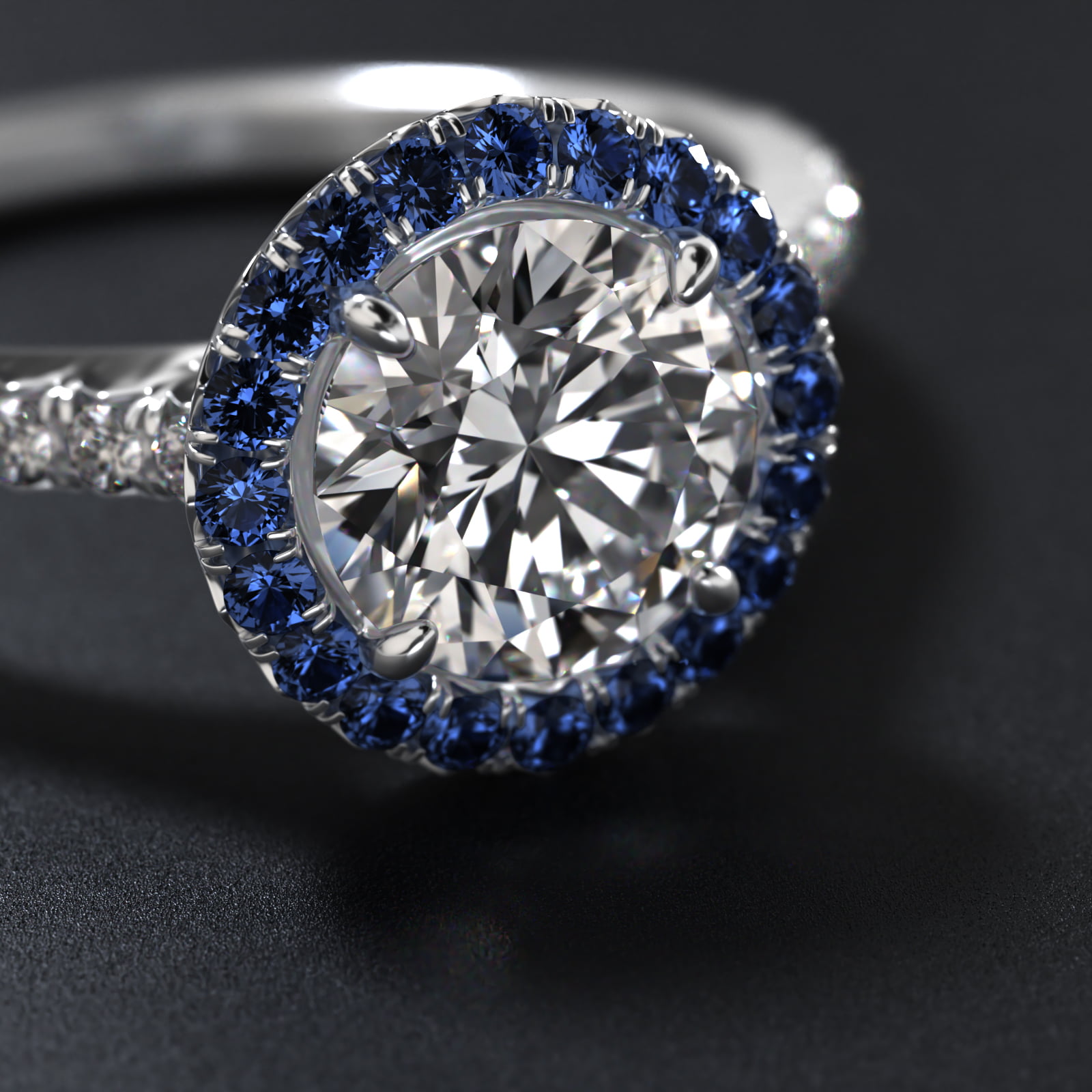 14K White Gold French Cut Pavé Blue Sapphire Engagement Ring