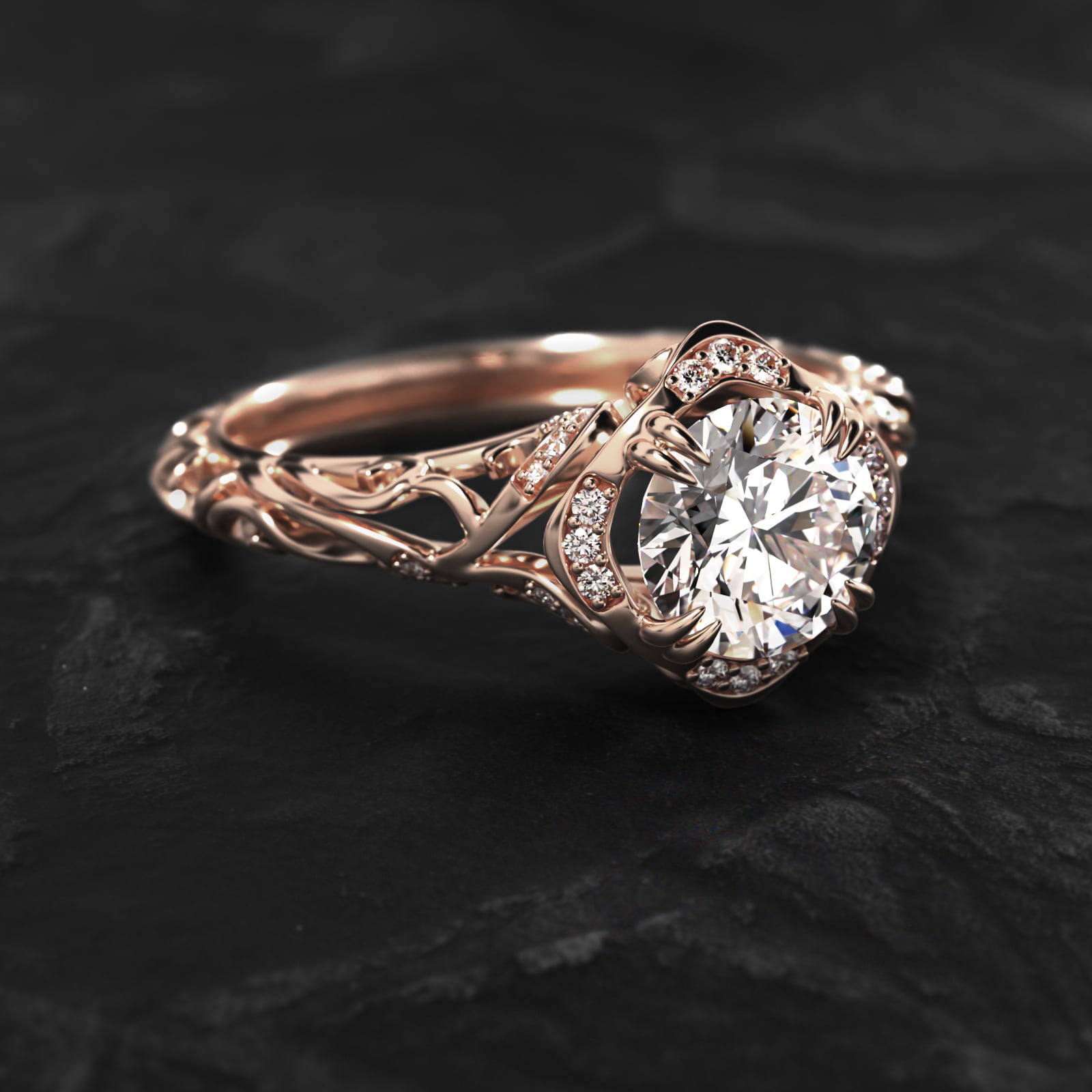 Diamond Filigree Vintage-Style Engagement Ring In 14K Rose Gold