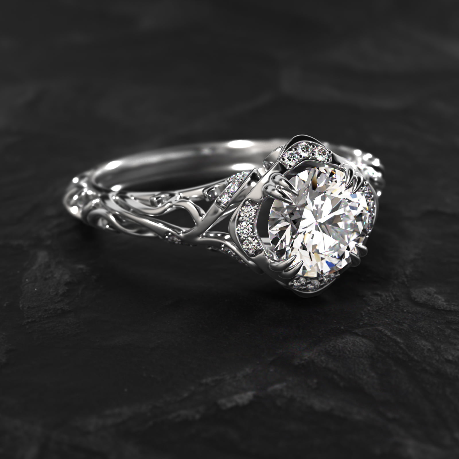 Diamond Filigree Vintage-Style Engagement Ring In 14K White Gold