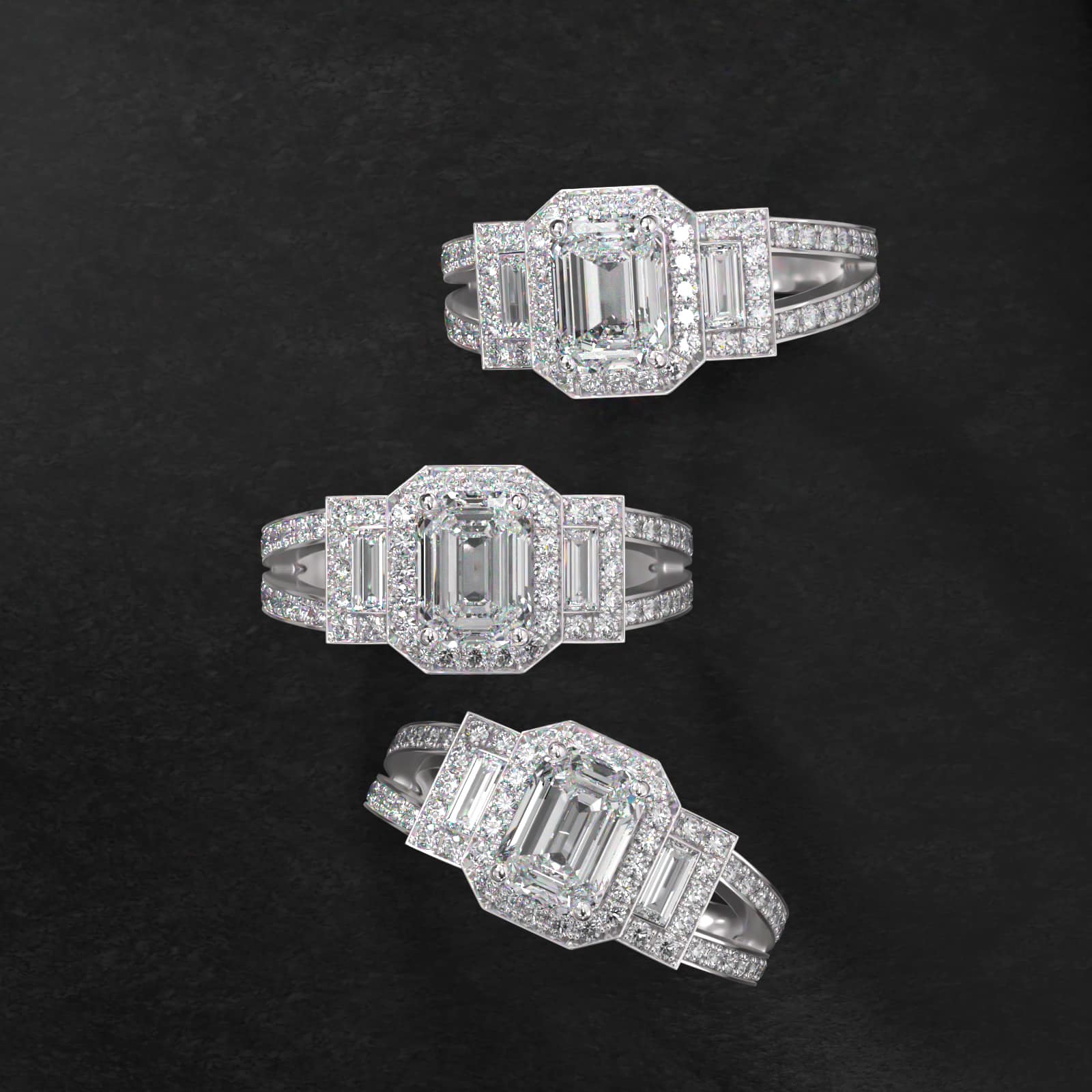 Platinum Emerald Three Stone Engagement Ring