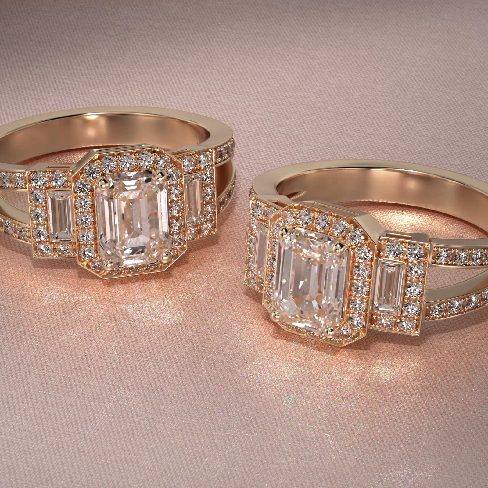 14K Yellow Gold Emerald Three Stone Engagement Ring