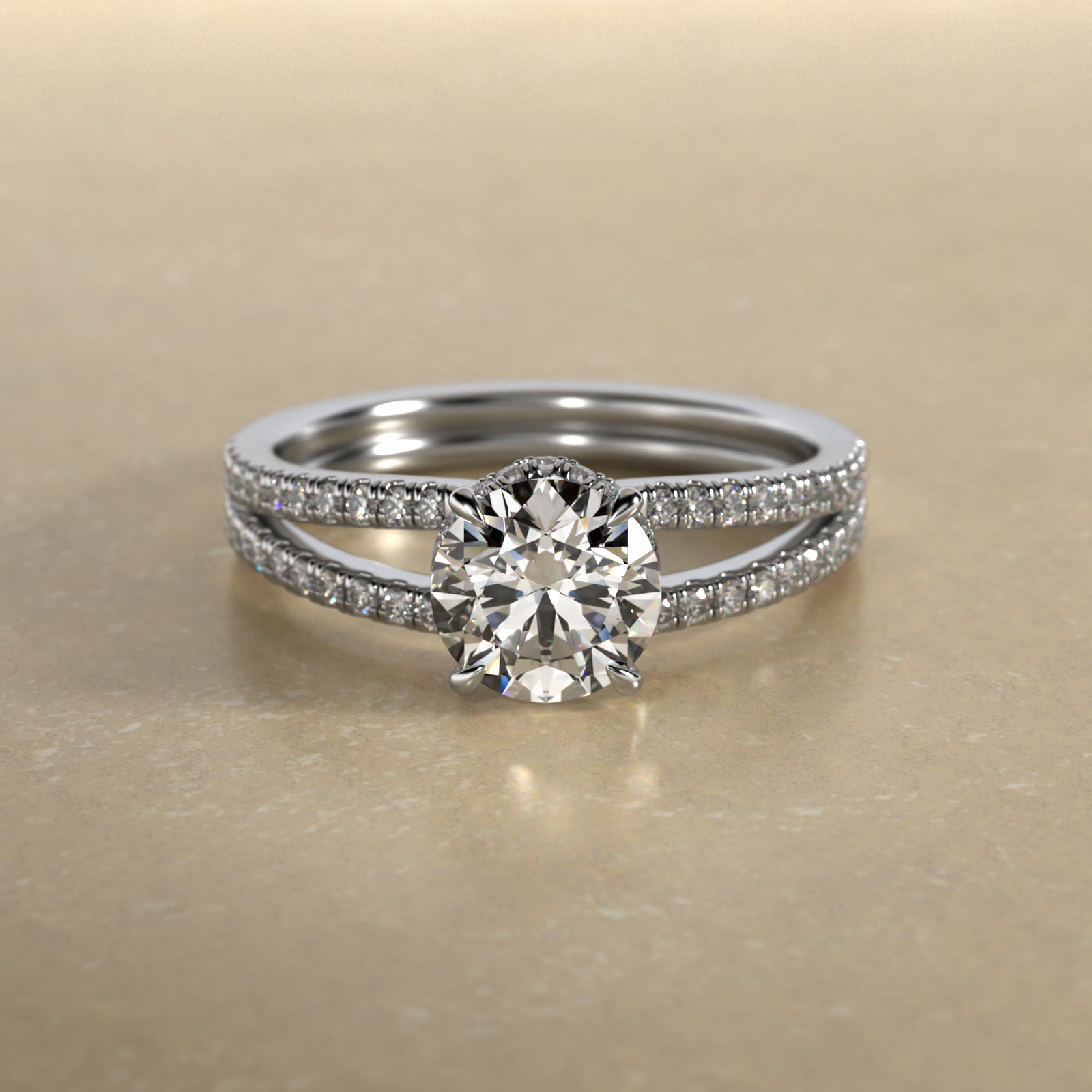 Split Shank Ribbon Diamond Pavé Engagement Ring In 14K White Gold