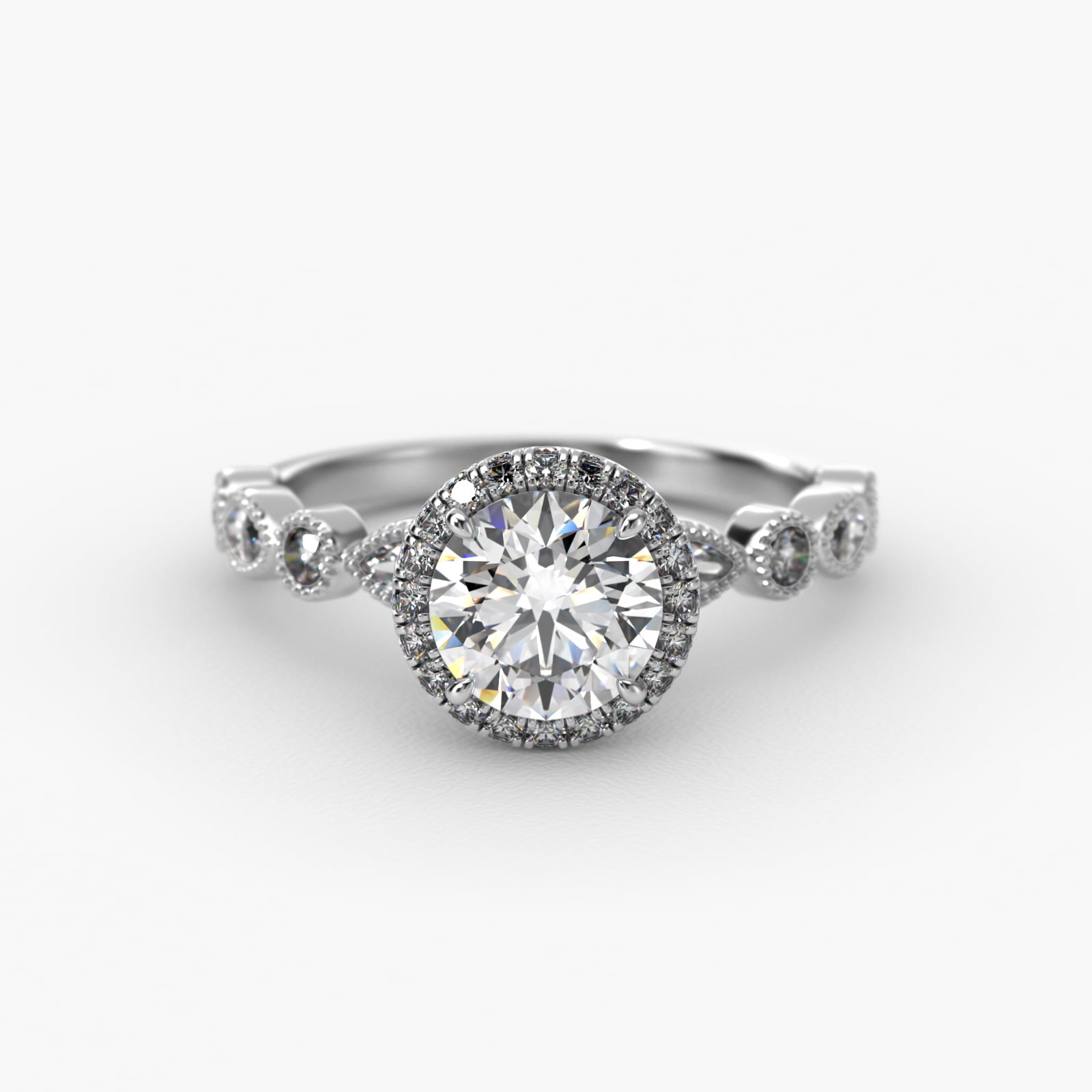 14K White Gold Marquise and Round Brilliant Diamond Halo Engagement Ring