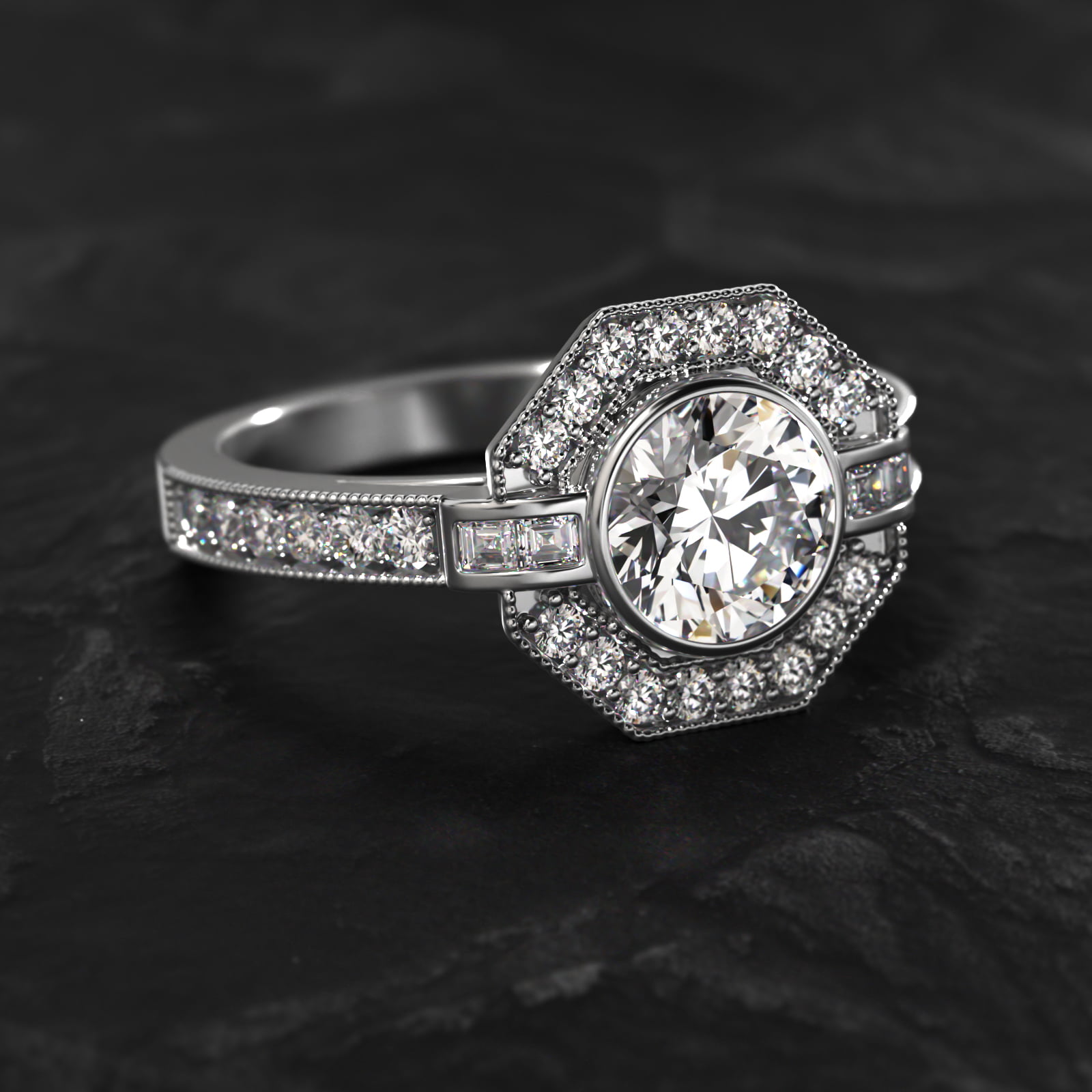 18K White Gold Art Deco Inspired Octagonal Halo Engagement Ring