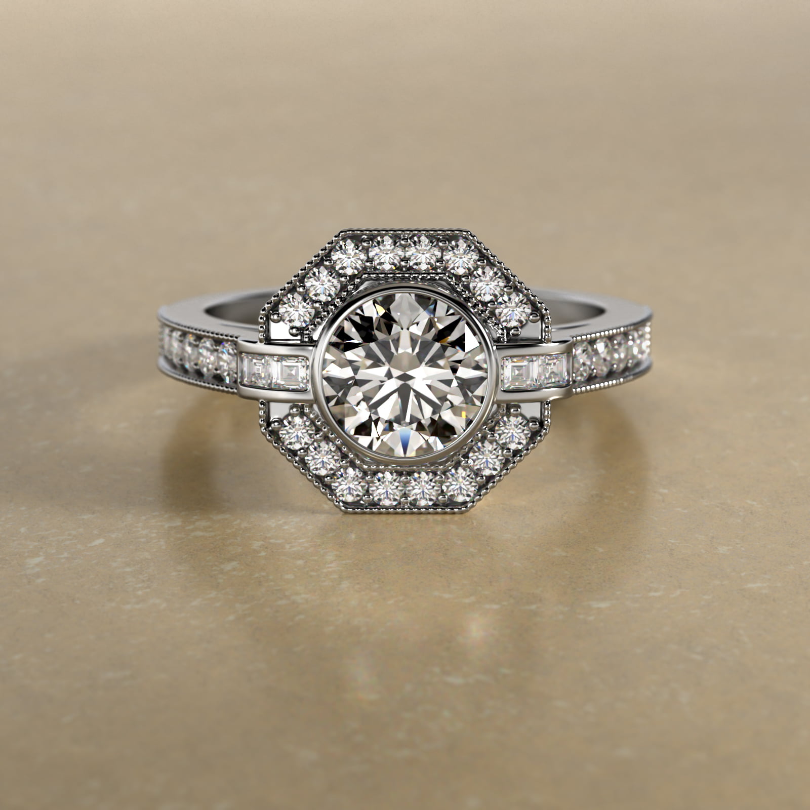 14K White Gold Art Deco Inspired Octagonal Halo Engagement Ring