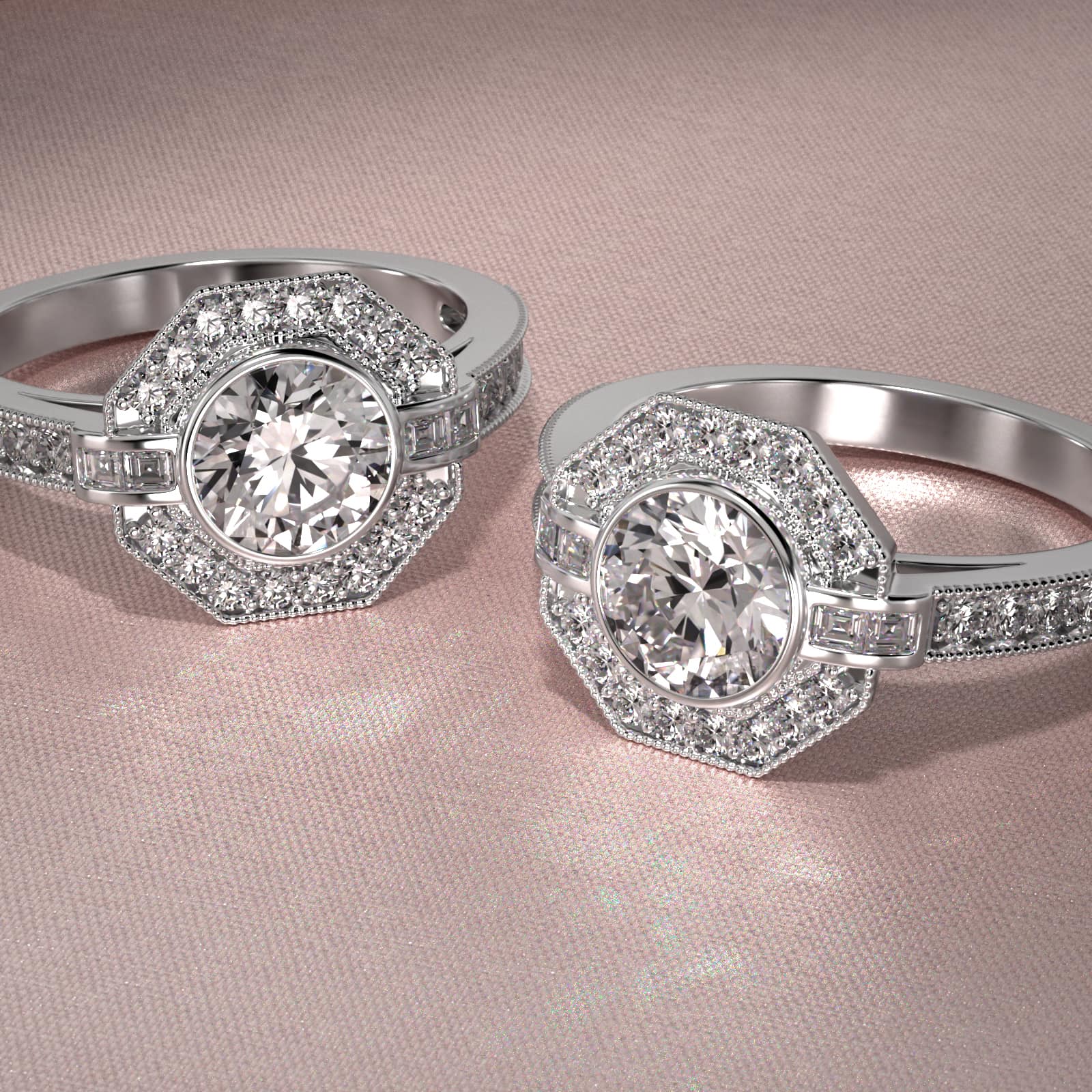 14K White Gold Art Deco Inspired Octagonal Halo Engagement Ring