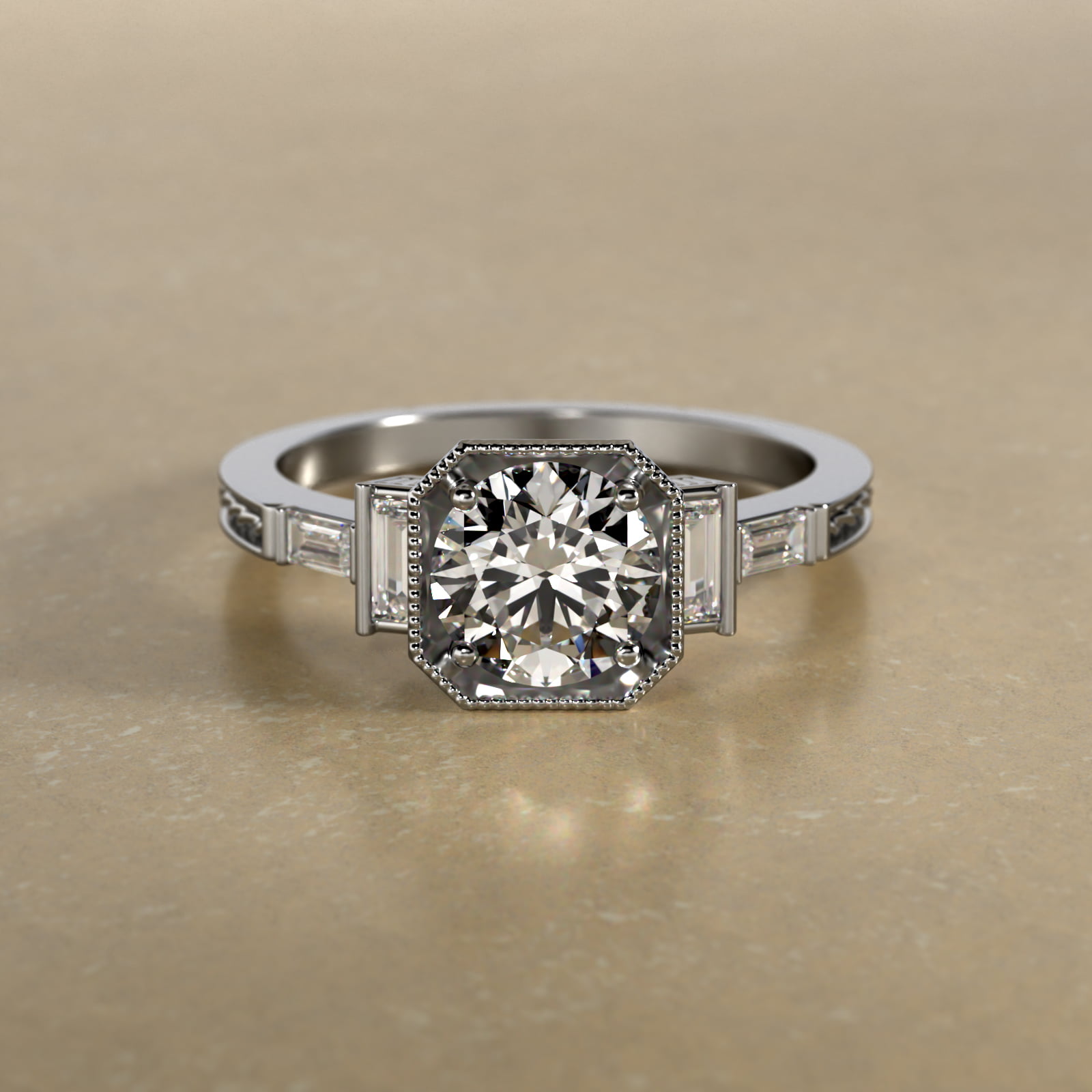 Platinum Engraved Basket Engagement Ring
