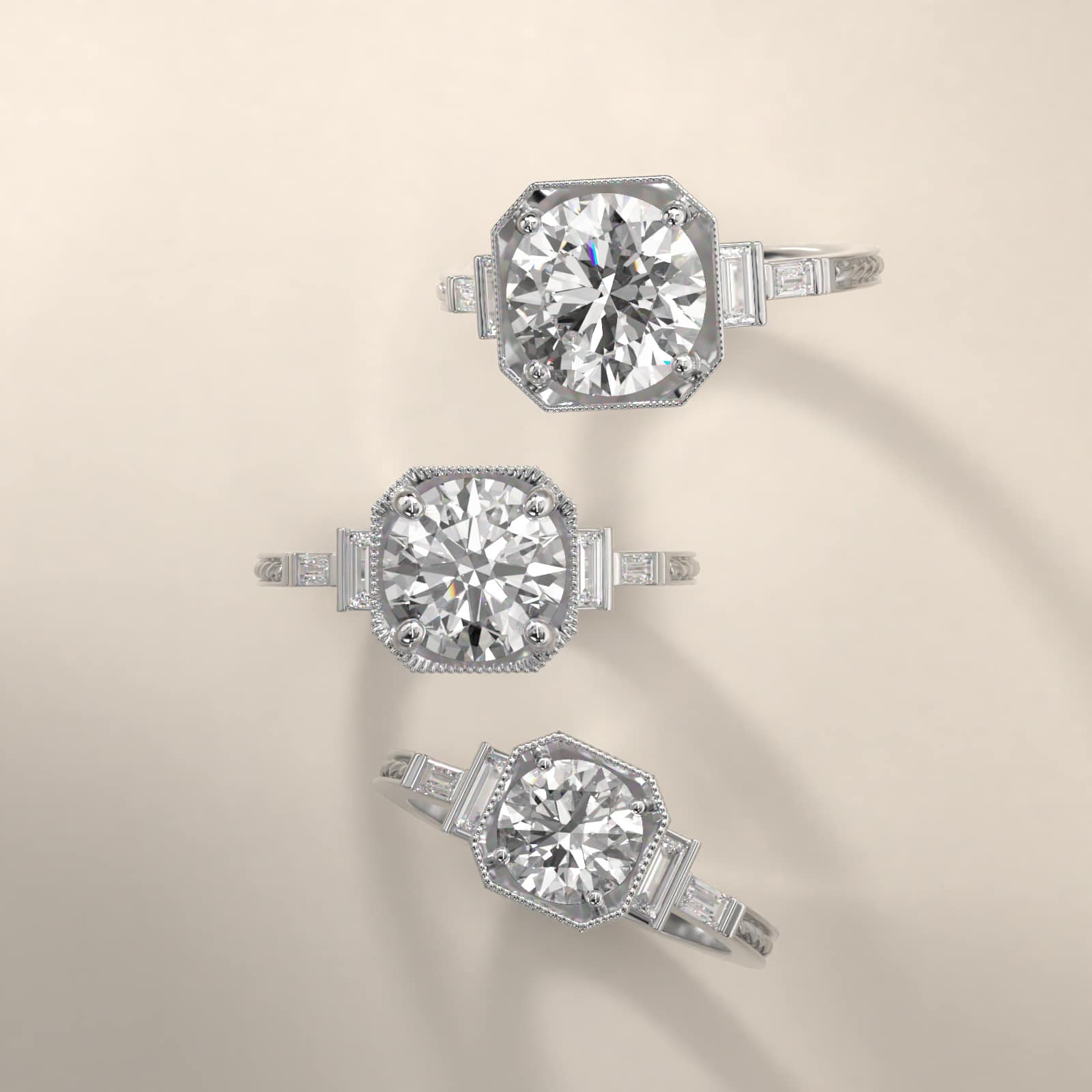 Platinum Engraved Basket Engagement Ring