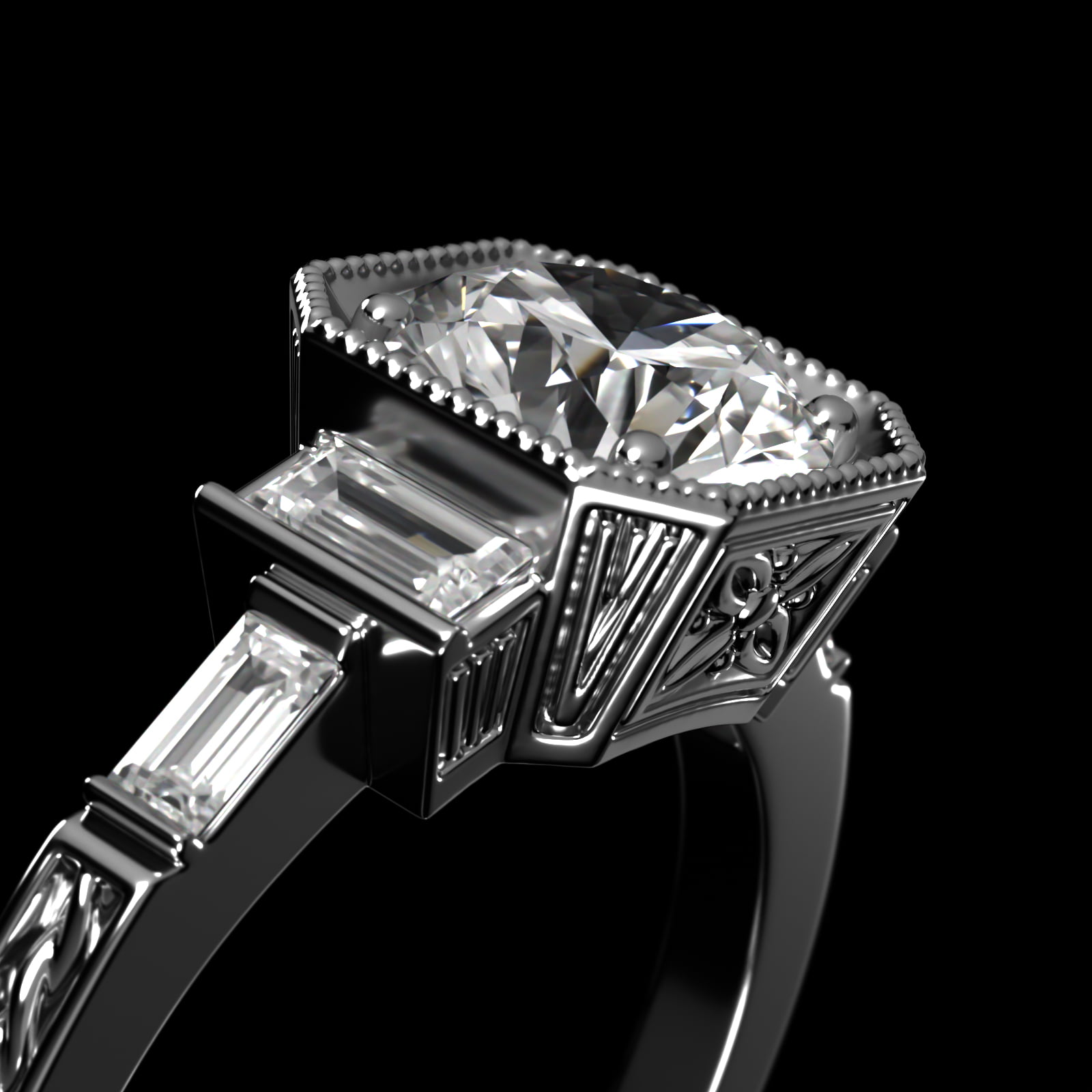 18K White Gold Engraved Basket Engagement Ring