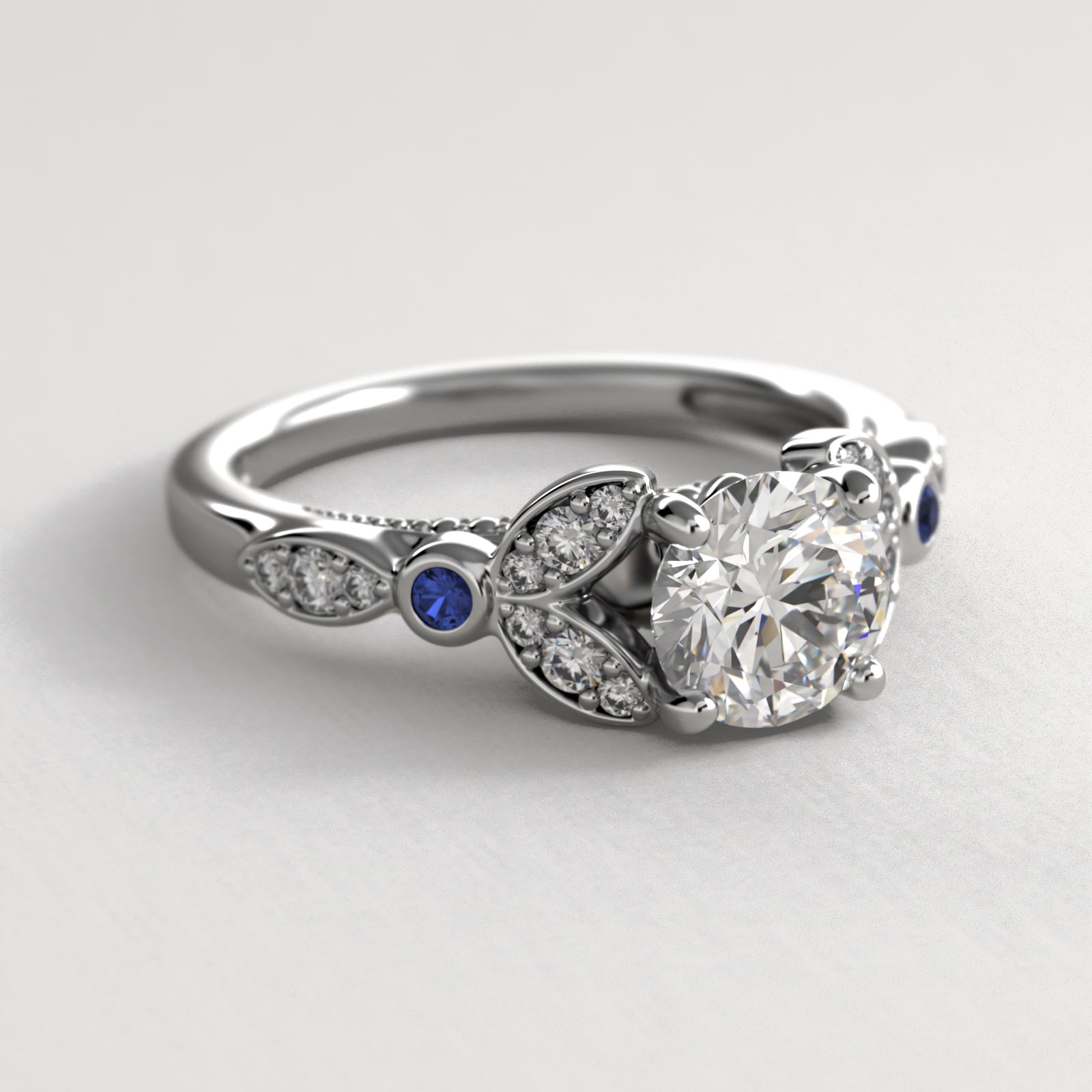 Floral Side Stone Diamond Engagement Ring In 18K White Gold