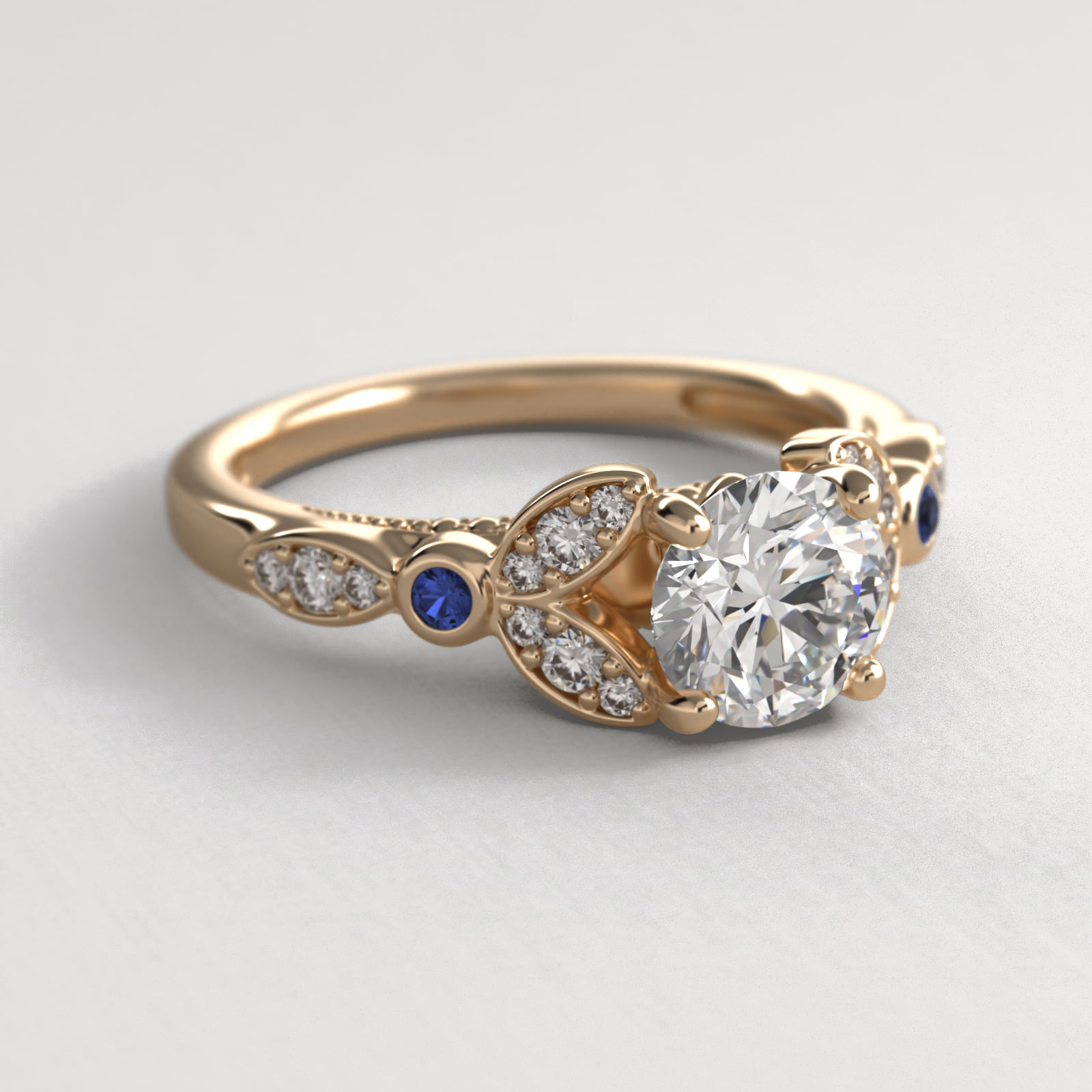 Floral Side Stone Diamond Engagement Ring In 14K Yellow Gold