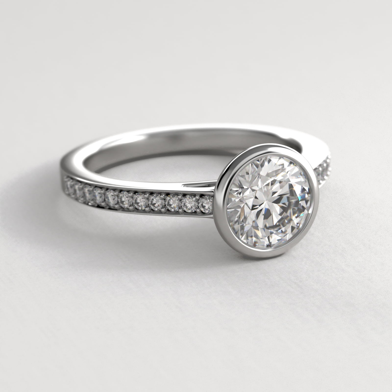 Bezel Set Pavé Diamond Engagement Ring In 18K White Gold