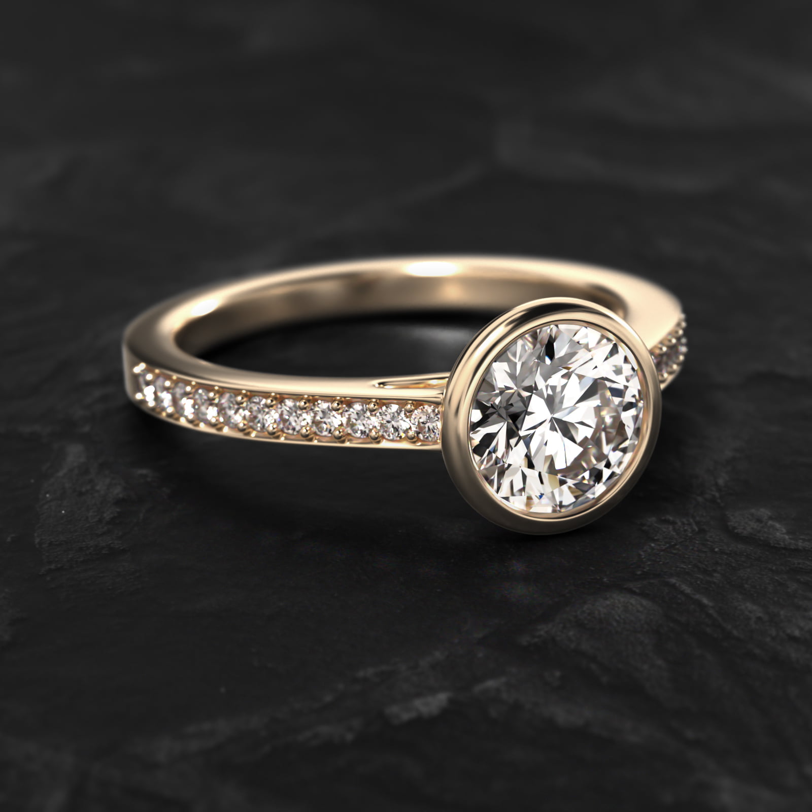 Bezel Set Pavé Diamond Engagement Ring In 14K Yellow Gold