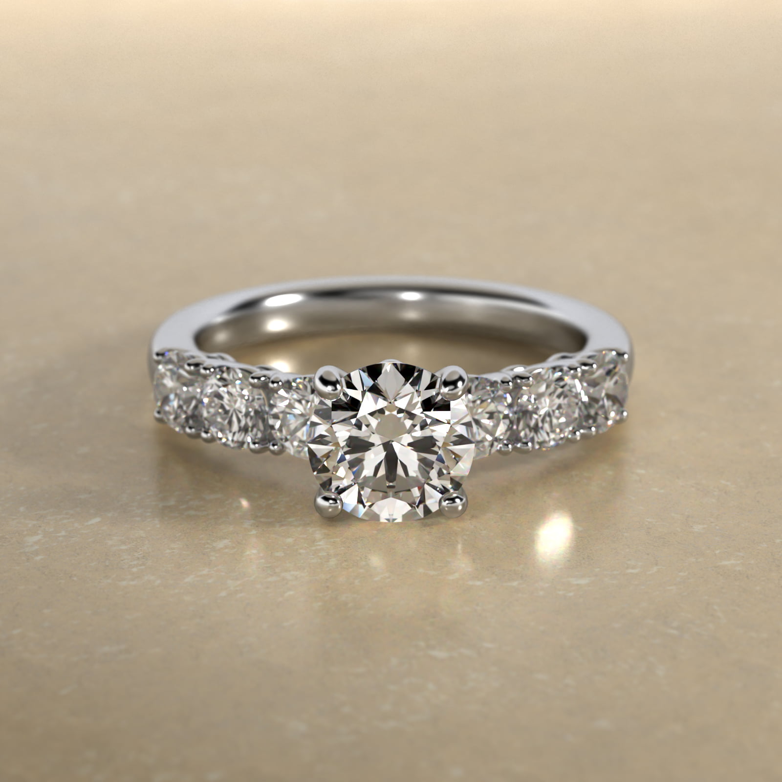 Prong Set Side Stone Diamond Engagement Ring In 18K White Gold