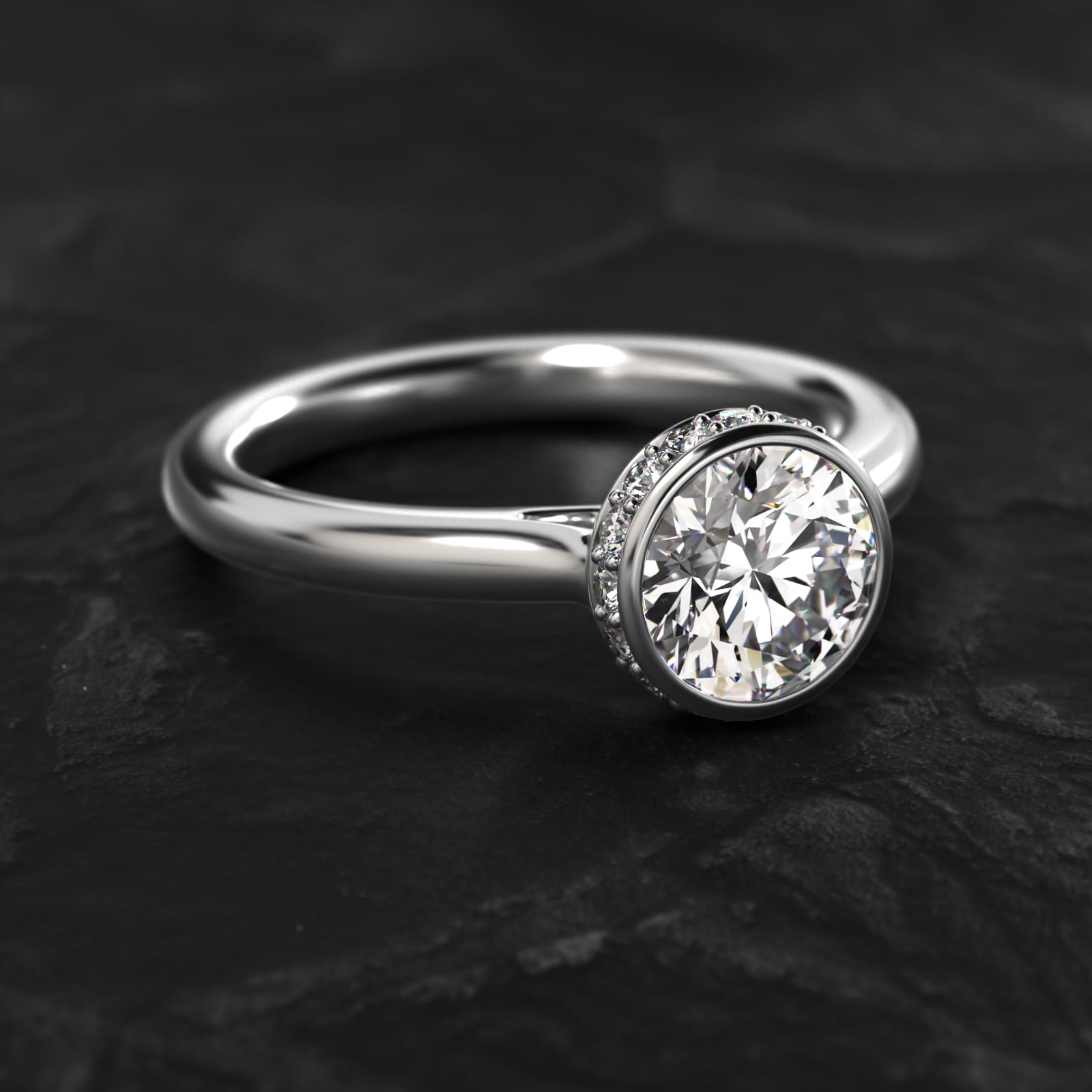 Pavé Crown Bezel Solitaire Engagement Ring In 14K White Gold