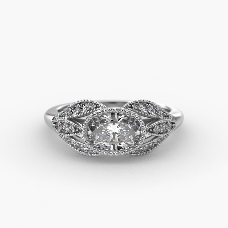 Beaded Marquise Shape Vintage-Style Engagement Ring In 14K White Gold